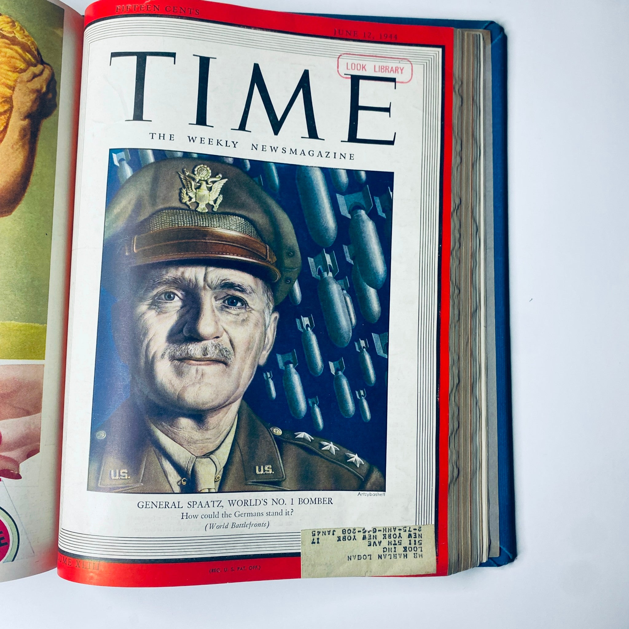 Time Magazine cover featuring General Carl Spaatz, June 12, 1944. The cover illustrates the U.S. bomber commander in front of aircraft bombs, highlighting his military prominence. Part of the Time Library Bound Weekly from April to June 1944.