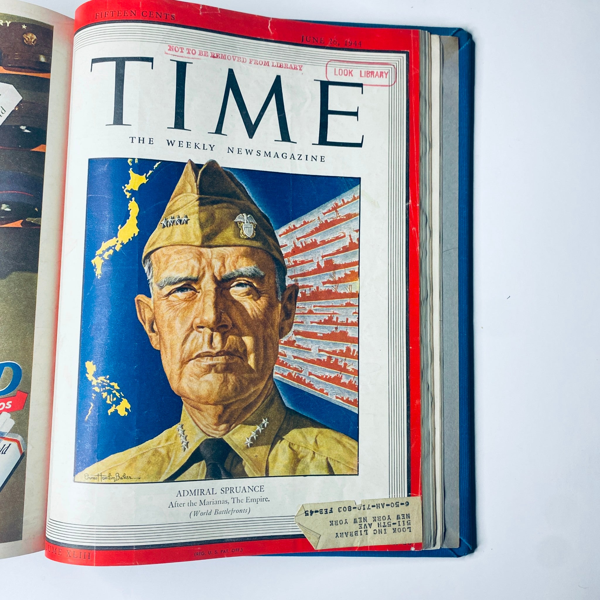 Time Magazine cover featuring Admiral Raymond A. Spruance, June 26, 1944. The cover depicts the naval commander with a background of naval forces, showcasing his leadership role. Part of the Time Library Bound Weekly from April to June 1944.