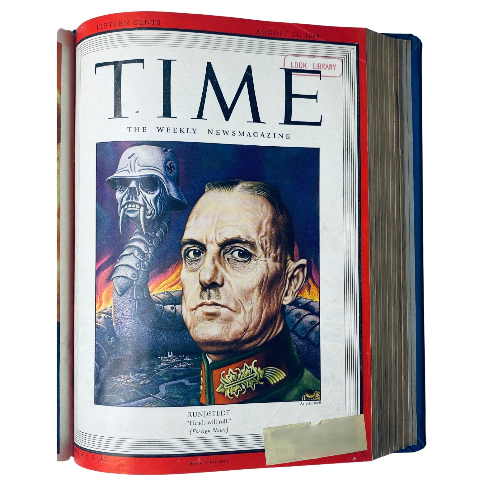 Cover page of Time Library Bound Weekly Magazine, featuring an artistic depiction of Field Marshal Gerd von Rundstedt, dated August 21, 1944.