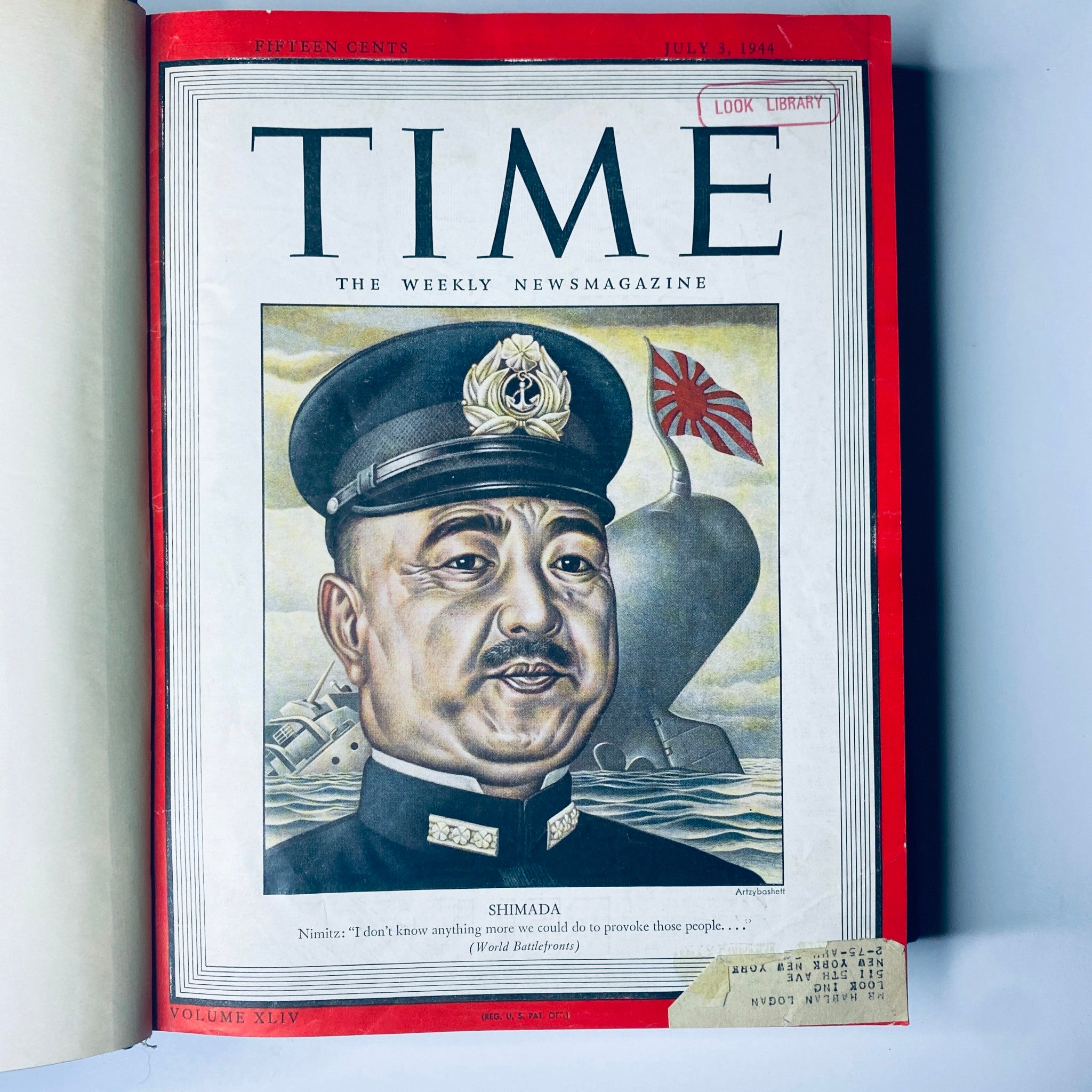 Cover page of the July 3, 1944 issue of Time Magazine from the Library Bound Weekly, featuring Shigetaro Shimada.