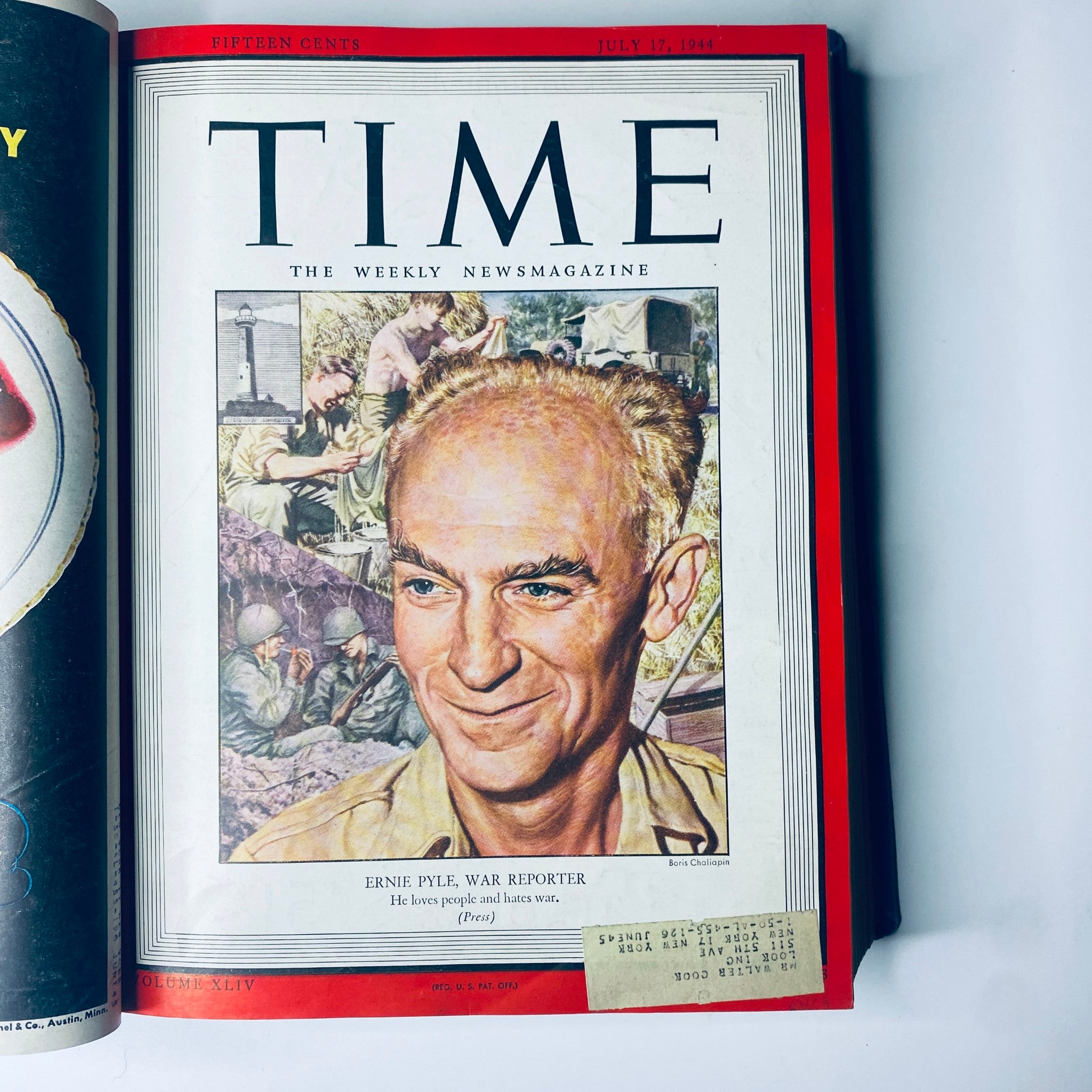Cover of Time Magazine dated July 17, 1944, featuring Ernie Pyle, a war reporter, highlighting original wartime reporting in the Time Magazine Library Bound Weekly July 3 - September 25, 1944.