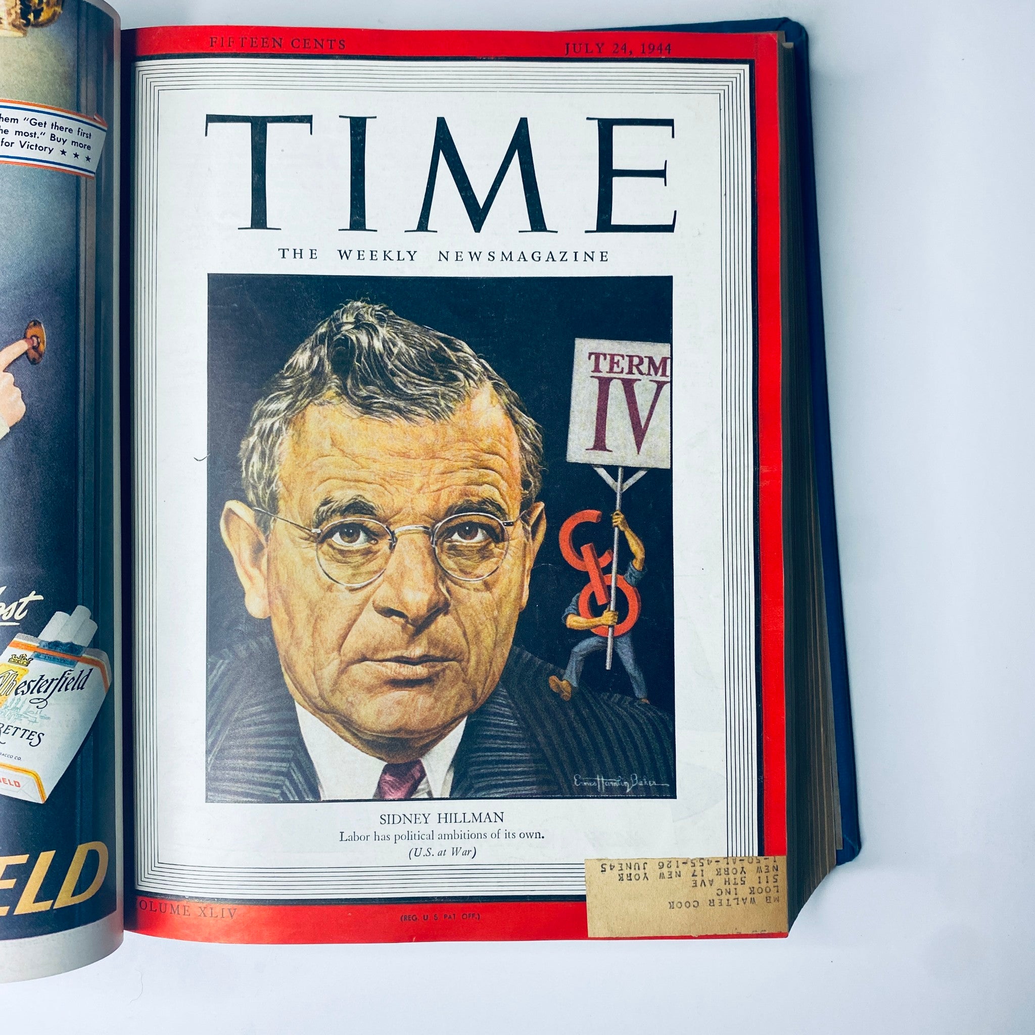 Cover of Time Magazine dated July 24, 1944, featuring Sidney Hillman, a political strategist, showcasing significant wartime events in the Time Magazine Library Bound Weekly July 3 - September 25, 1944.