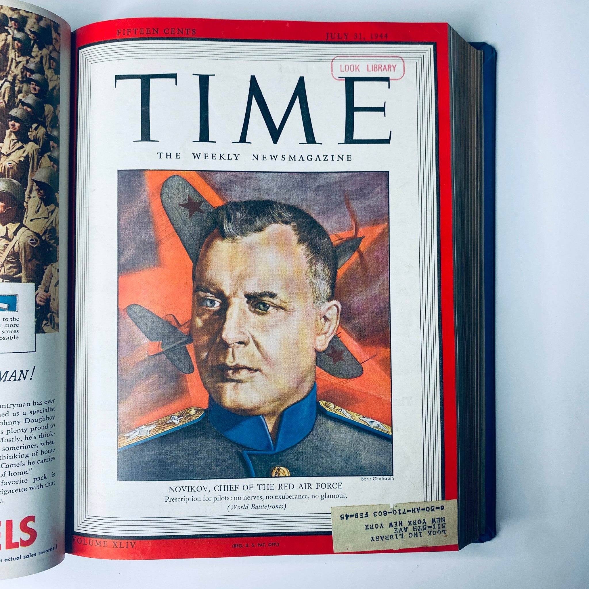 Cover of Time Magazine dated July 31, 1944, featuring Alexander Novikov, Chief of the Red Air Force, representing important military figures during World War II in the Time Magazine Library Bound Weekly July 3 - September 25, 1944.