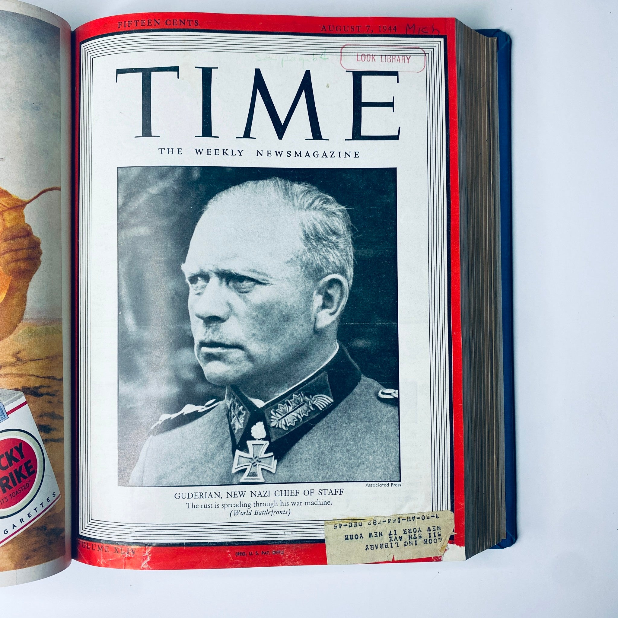 Cover of Time Magazine dated August 7, 1944, featuring Heinz Guderian, the new Nazi chief of staff, included in significant wartime narratives in the Time Magazine Library Bound Weekly July 3 - September 25, 1944.