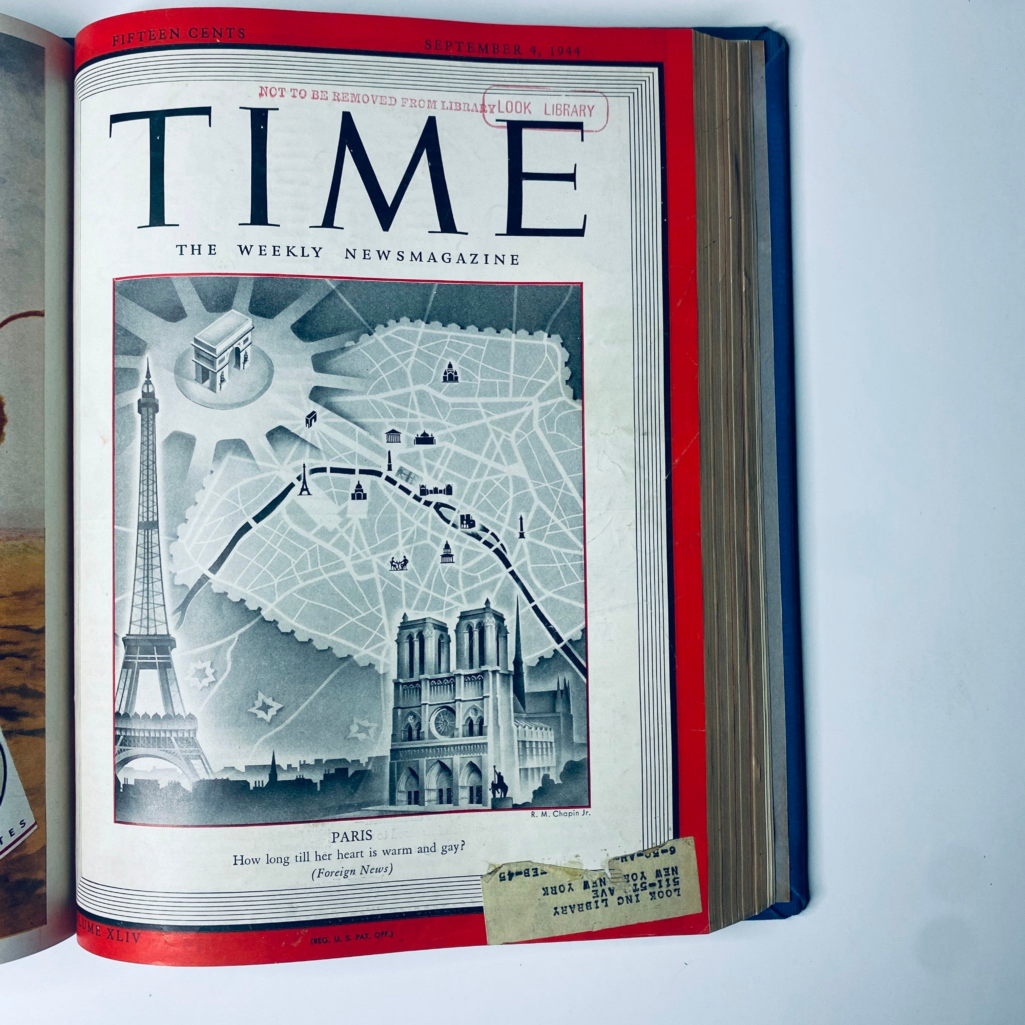 Cover of Time Magazine Library Bound Weekly, September 4, 1944, featuring a map of Paris and the title 'PARIS'.