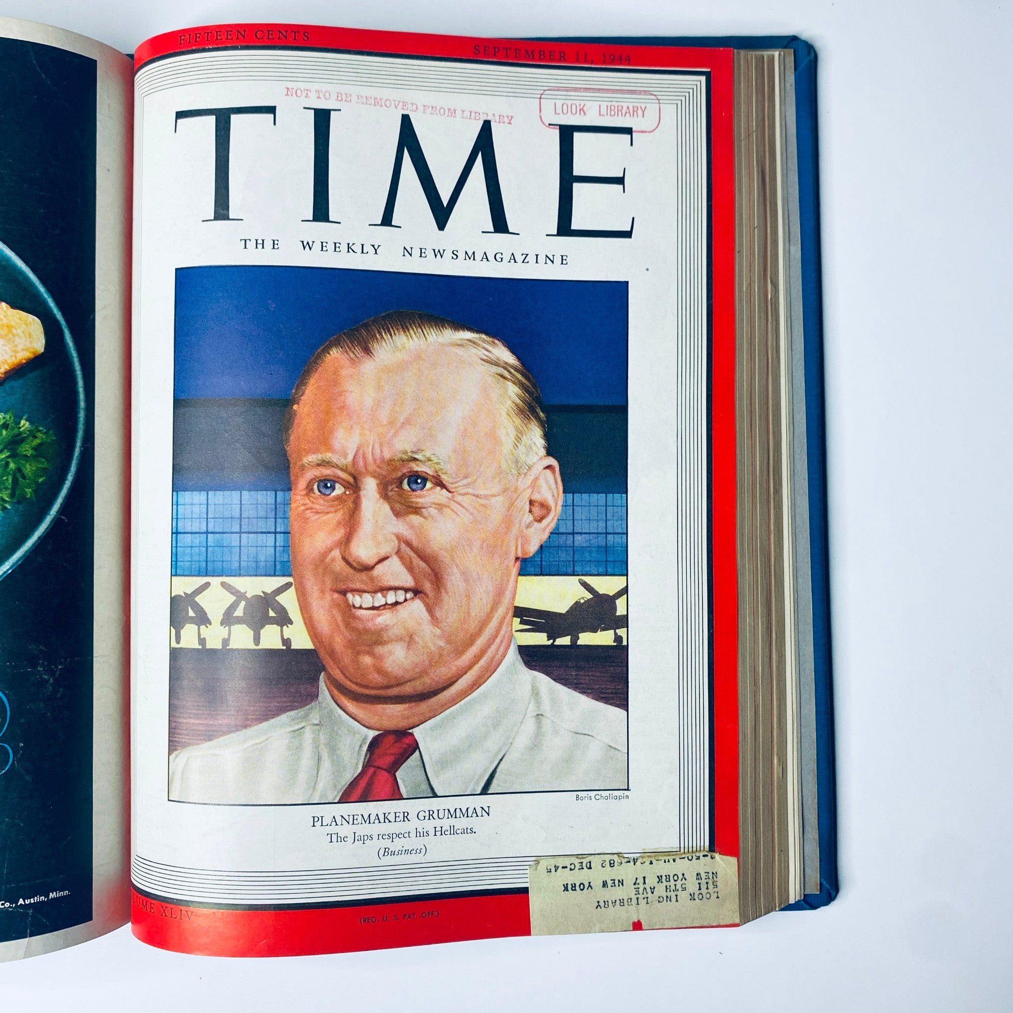 Cover of Time Magazine Library Bound Weekly, September 11, 1944, featuring a portrait of planemaker Leroy Grumman and the title 'PLANEMAKER GRUMMAN'.