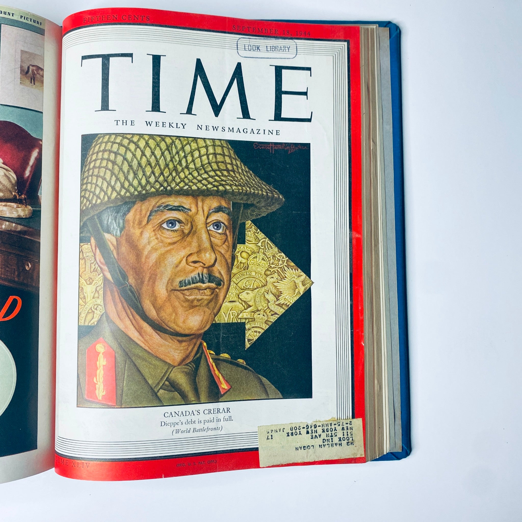 Cover of Time Magazine Library Bound Weekly, September 18, 1944, depicting General Harry Crerar and the title 'CANADA'S CRERAR'.