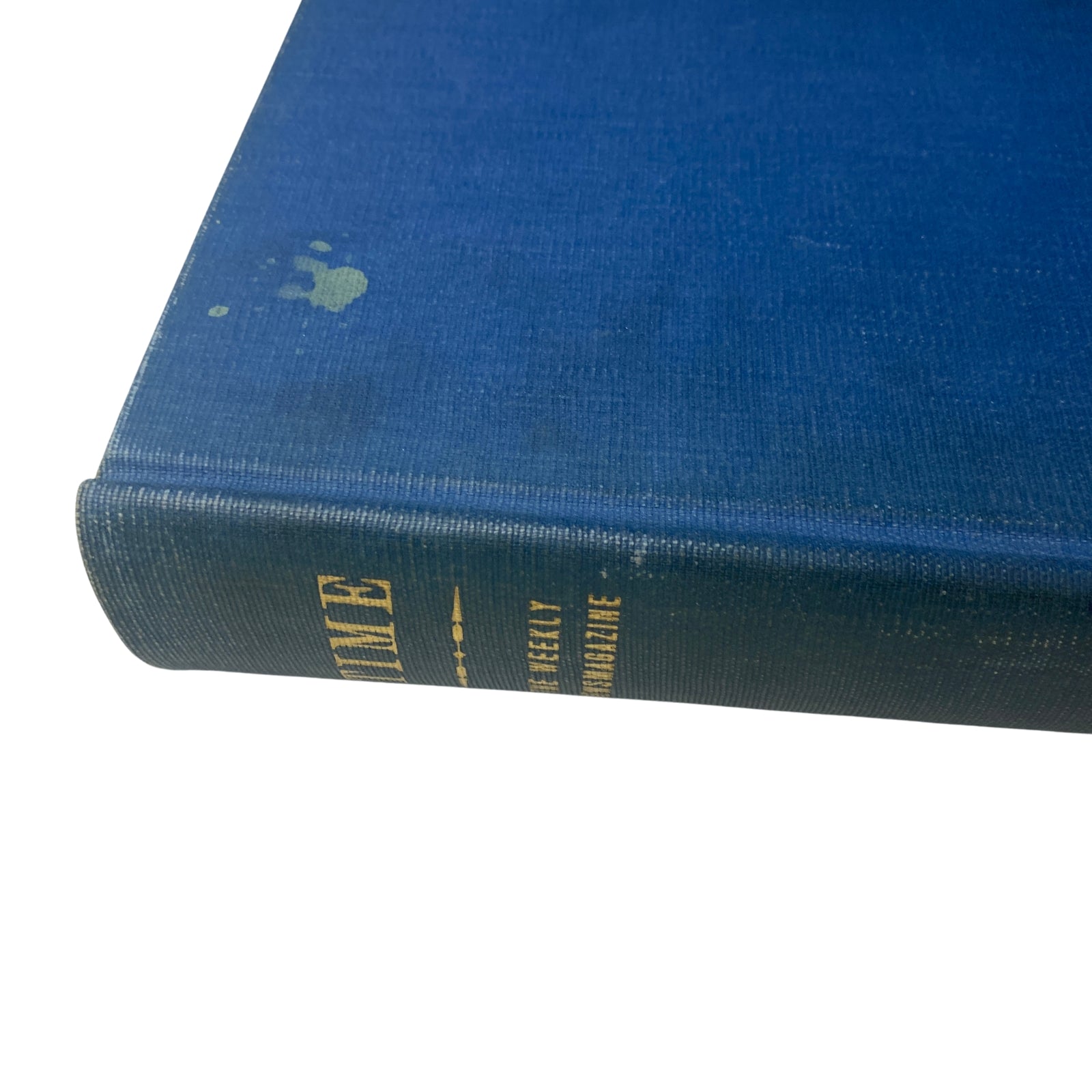 Detailed view of Time Magazine Library Bound Weekly from October 2 to December 25, 1944 - highlighting the blue cover with slight wear.