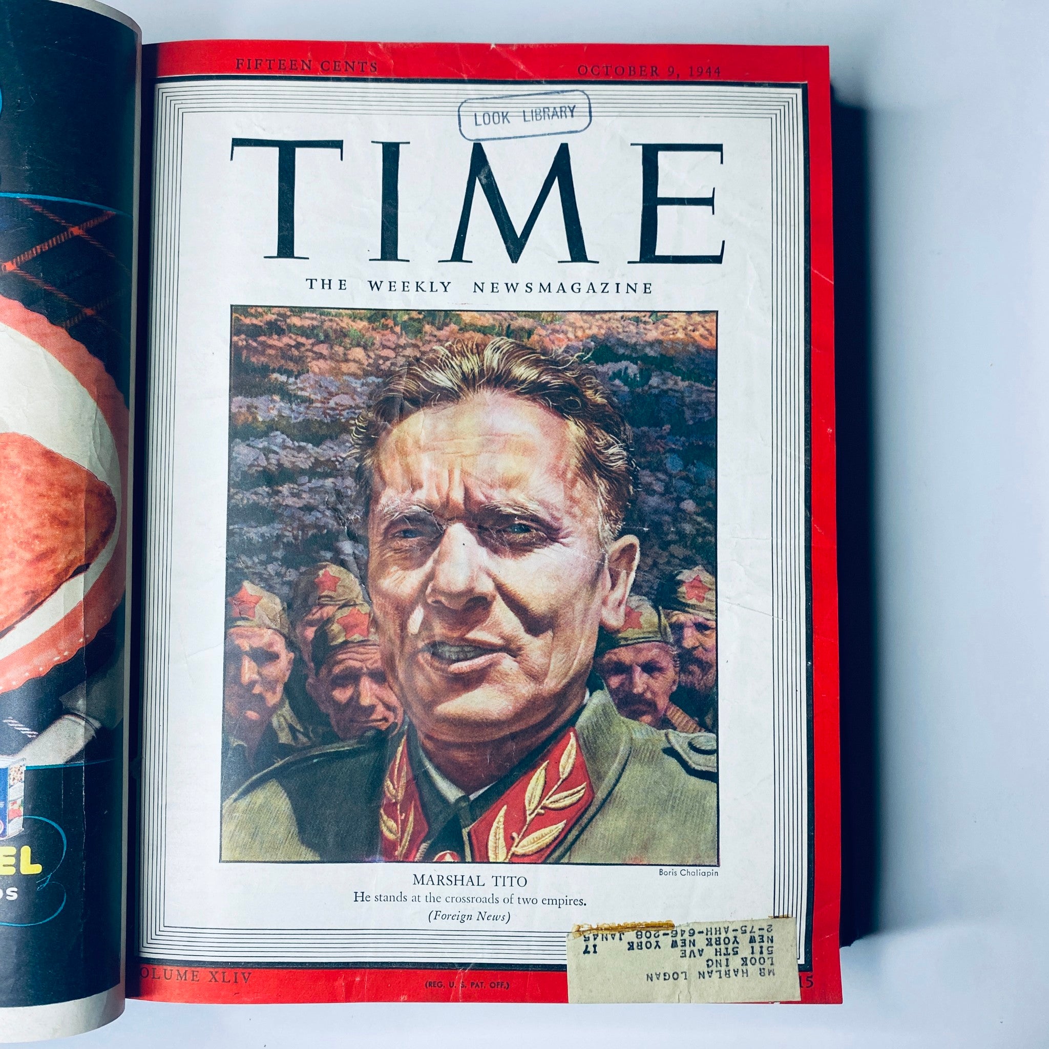 Cover of Time Library Bound Weekly Magazine from October 9, 1944, featuring Marshal Tito with a background of military figures, highlighting significant historical context.