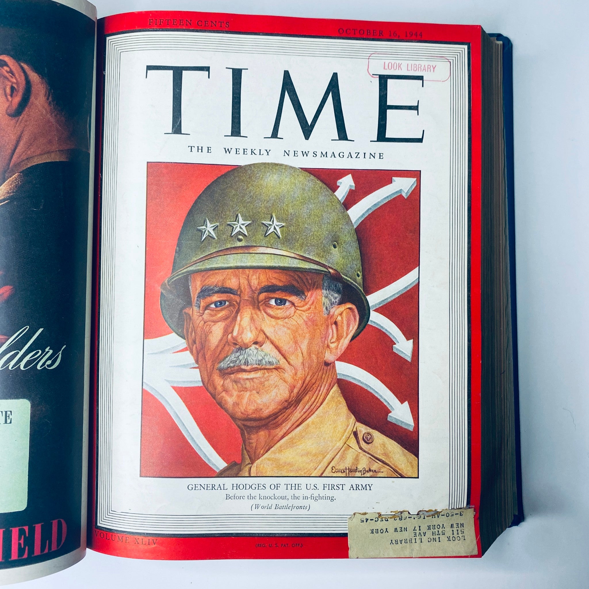 Cover of Time Library Bound Weekly Magazine from October 16, 1944, featuring General Hodges of the U.S. First Army, showcasing the military leadership during World War II.