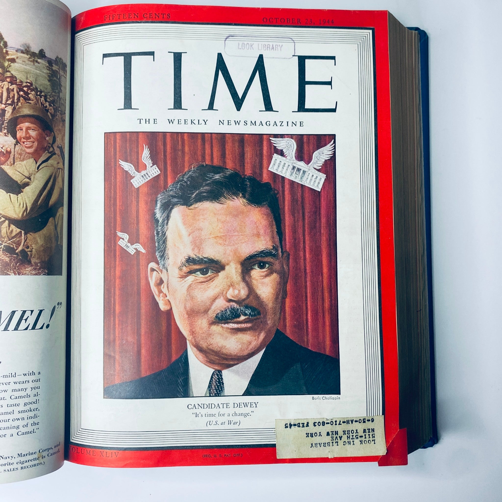 Cover of Time Library Bound Weekly Magazine from October 23, 1944, featuring Presidential Candidate Thomas E. Dewey, reflecting the political landscape of the time.