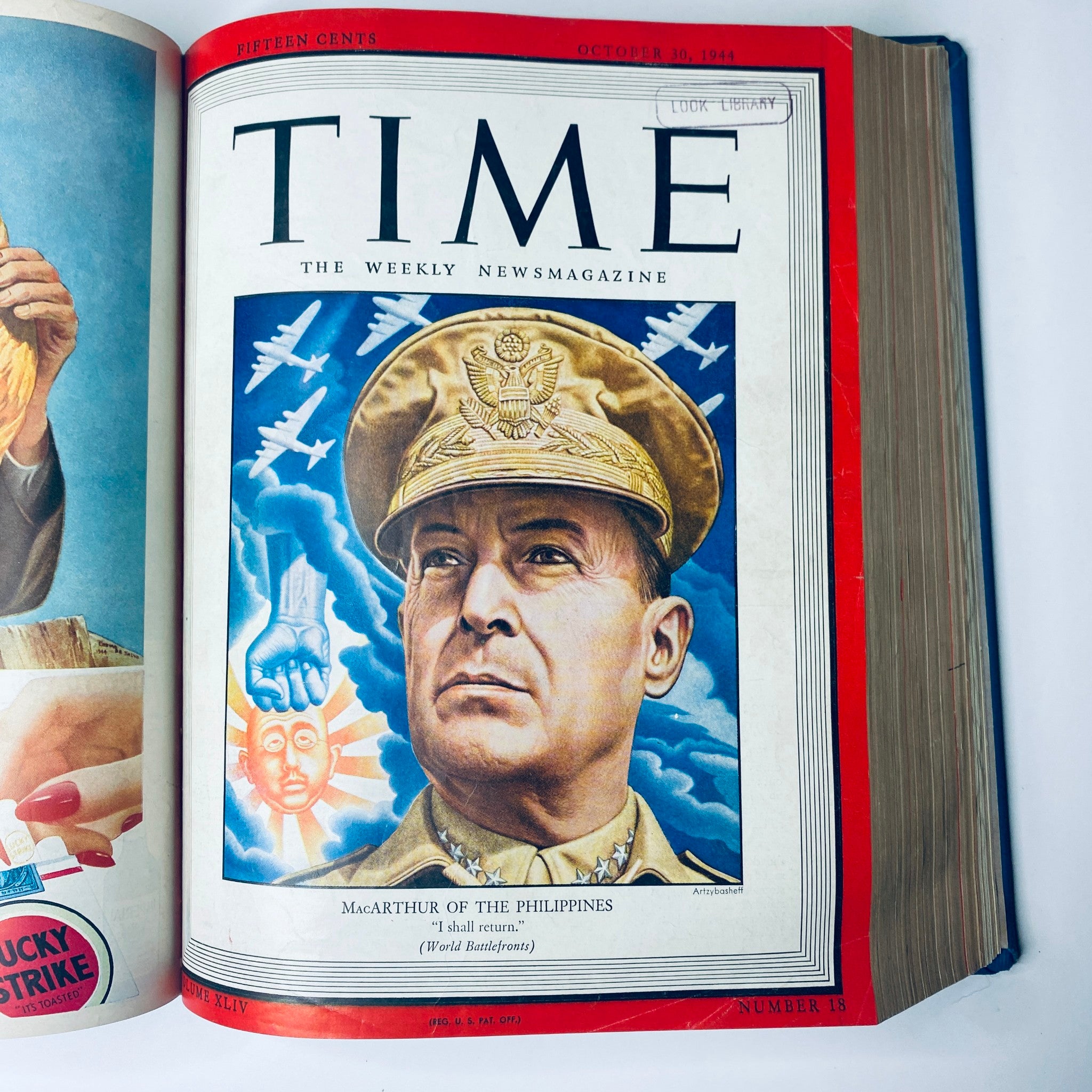 Cover of Time Library Bound Weekly Magazine dated October 30, 1944 featuring General Douglas MacArthur, with the caption 'McArthur of the Philippines I shall return.' This volume captures historical moments from World War II.