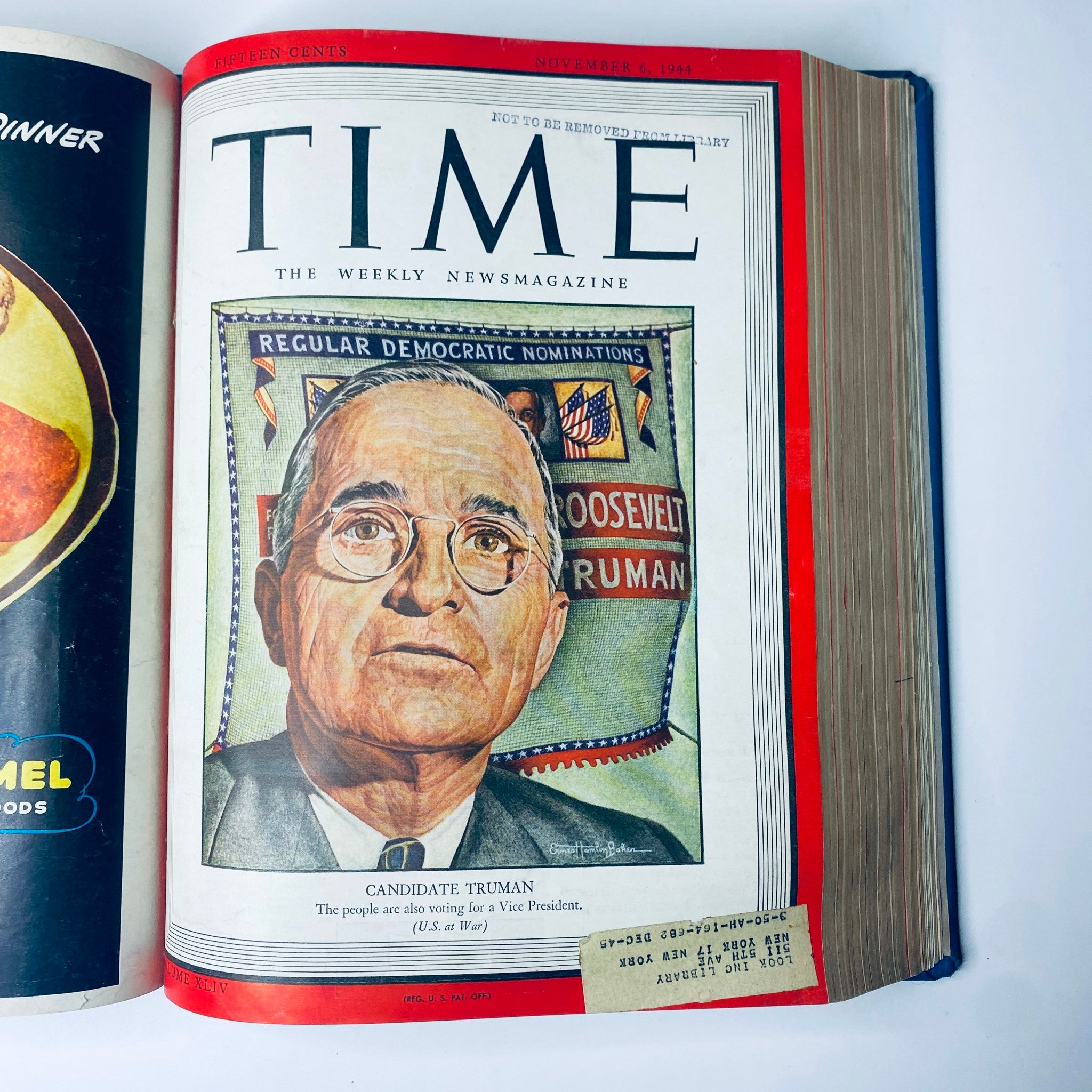Cover of Time Library Bound Weekly Magazine dated November 6, 1944 featuring Vice Presidential candidate Harry S. Truman, depicted with a Democratic banner. This edition reflects important political events during World War II.