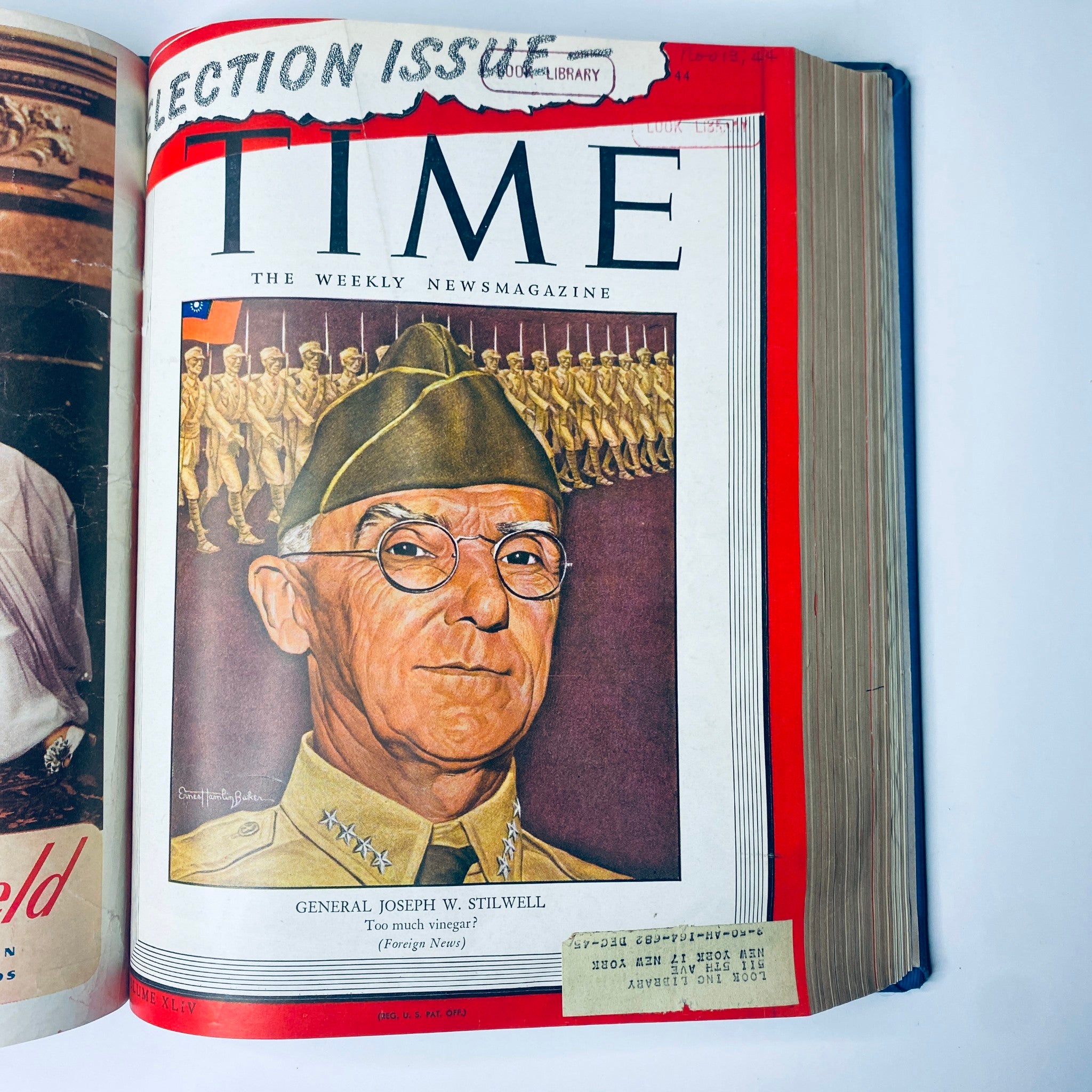 Cover of Time Magazine Library Bound Weekly October 2 to December 25, 1944 featuring General Joseph W. Stilwell during the election issue with a detailed portrait and an article about foreign news.