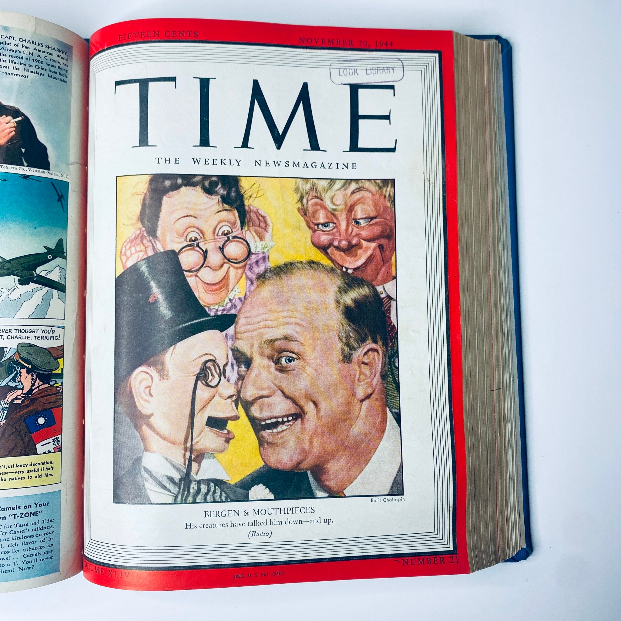 Cover of Time Magazine Library Bound Weekly October 2 to December 25, 1944 showcasing Bergen & Mouthpieces with Boris Chaliapin's illustration, highlighting comedic figures and their performances.