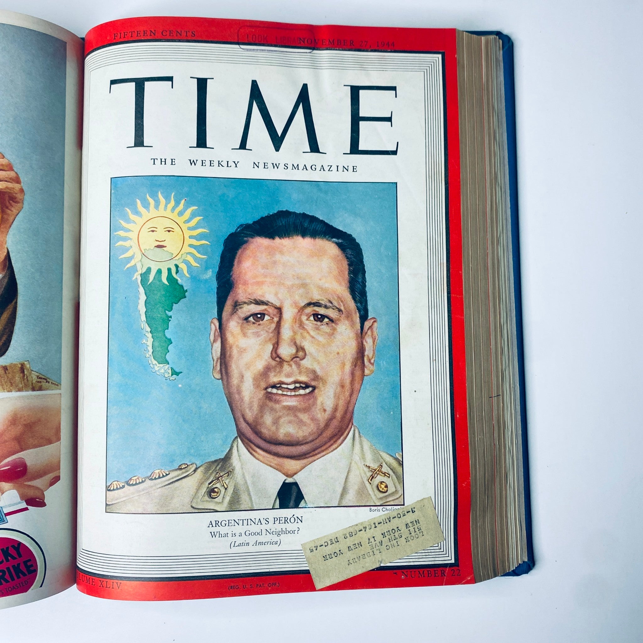 Cover of Time Magazine Library Bound Weekly October 2 to December 25, 1944 featuring Juan Perón, emphasizing Argentina's political landscape with a portrait and thematic illustration.