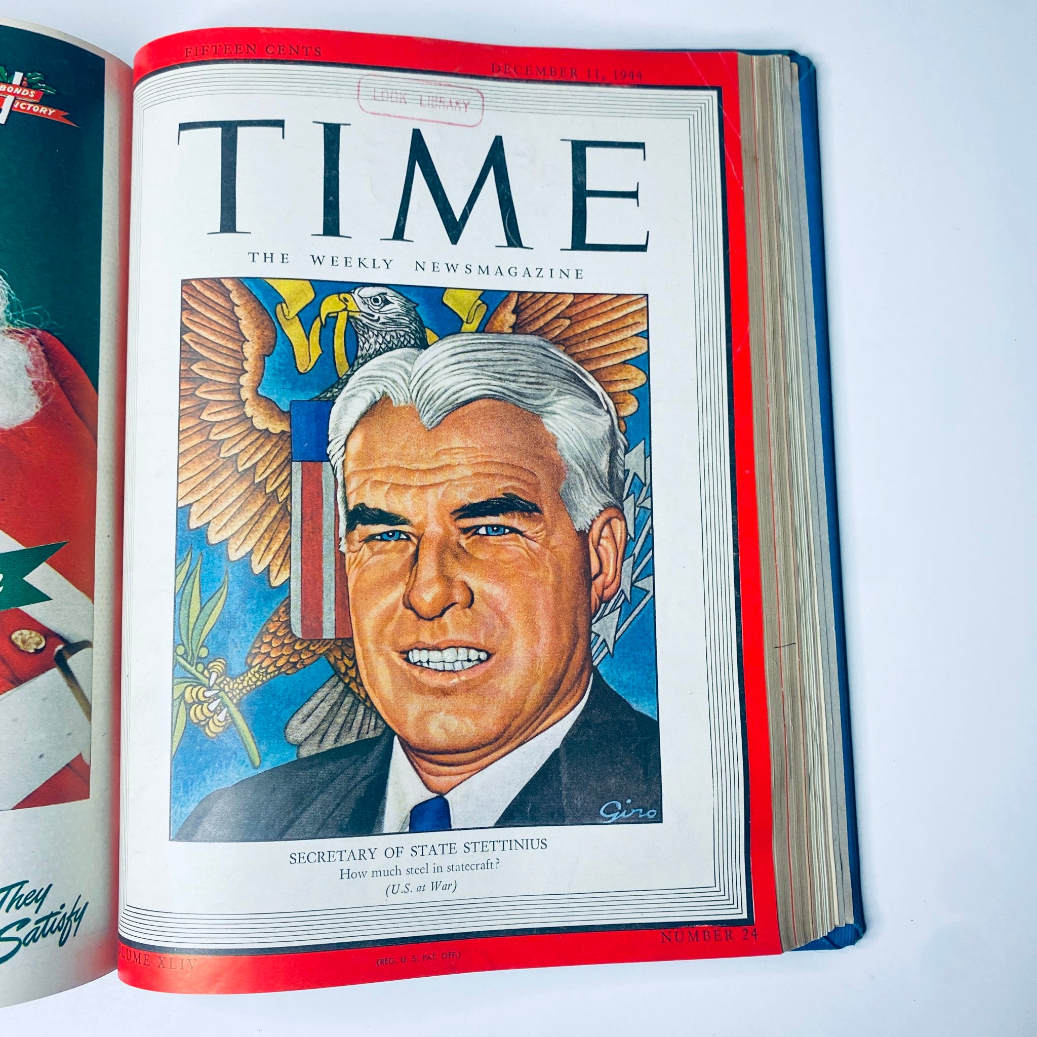 Cover of Time Magazine Library Bound Weekly October 2 to December 25, 1944 depicting Secretary of State Edward Stettinius, showcasing political themes with a significant portrait.