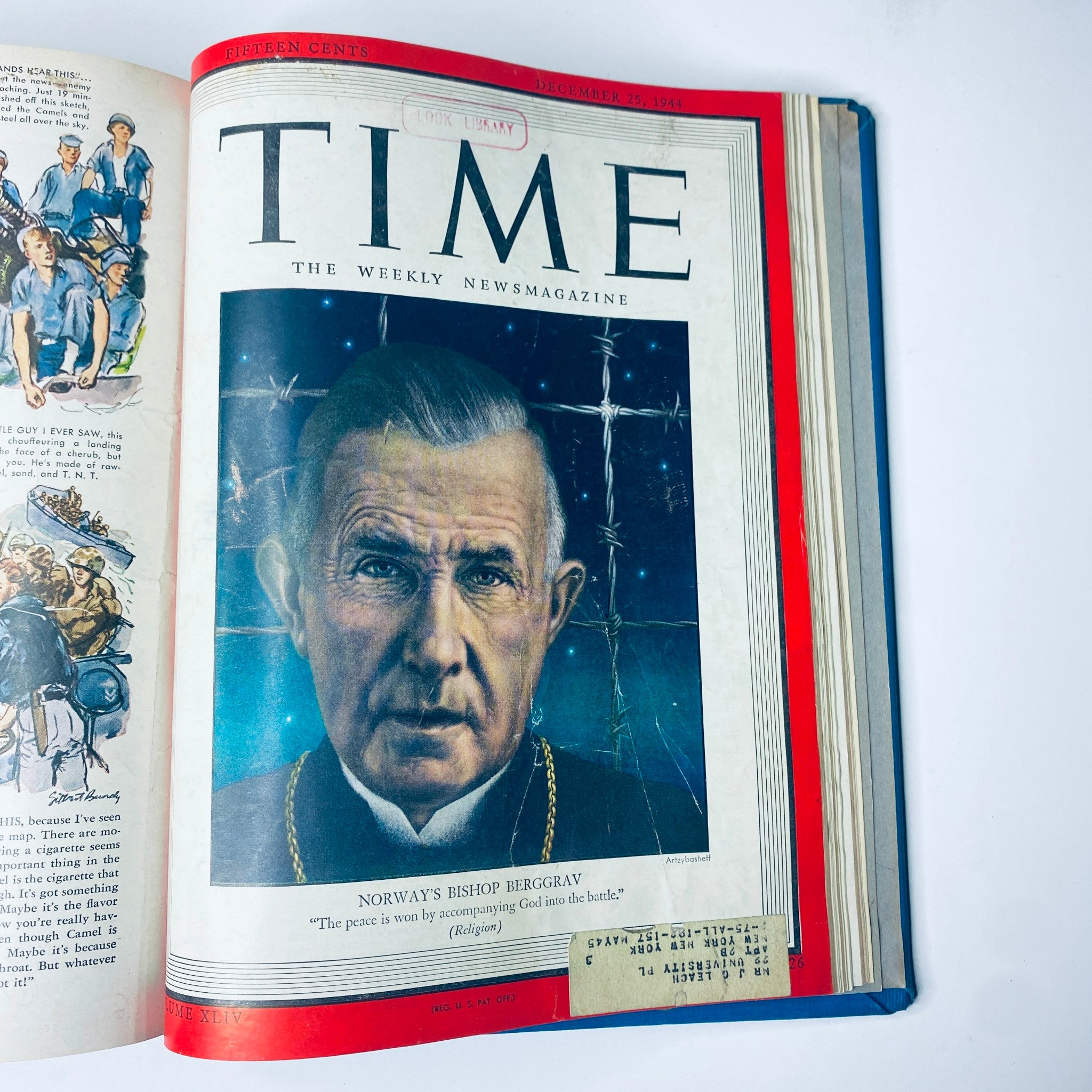 Cover of Time Magazine Library Bound Weekly October 2, 1944 - December 25, 1944 featuring Norway's Bishop Berggrav, with the caption discussing peace and the presence of God during battle.
