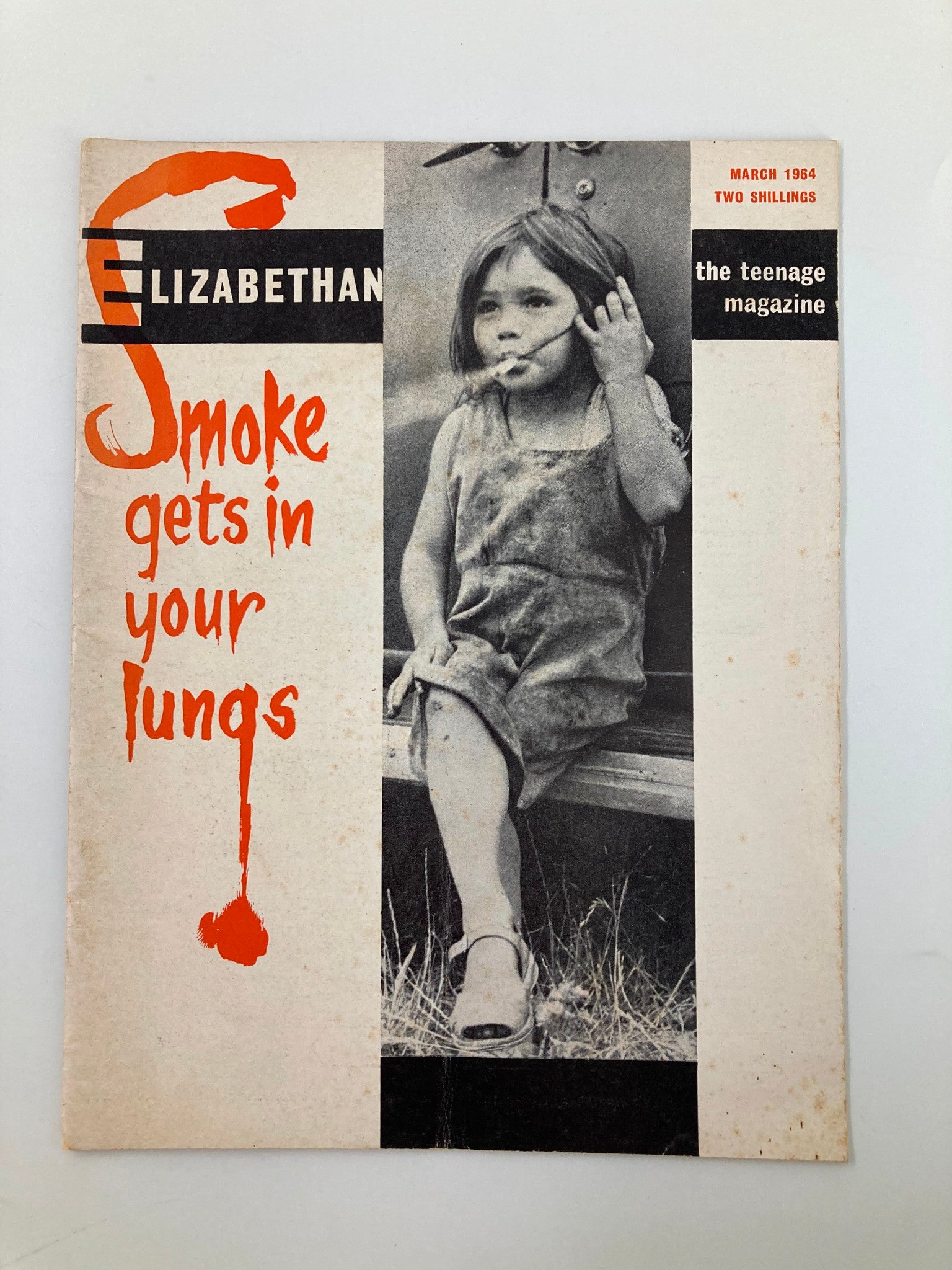 Cover of the VTG Elizabethan Teenage Magazine from March 1964 featuring the article 'Smoke Gets In Your Lungs' with a photograph of a young girl holding a cigarette.