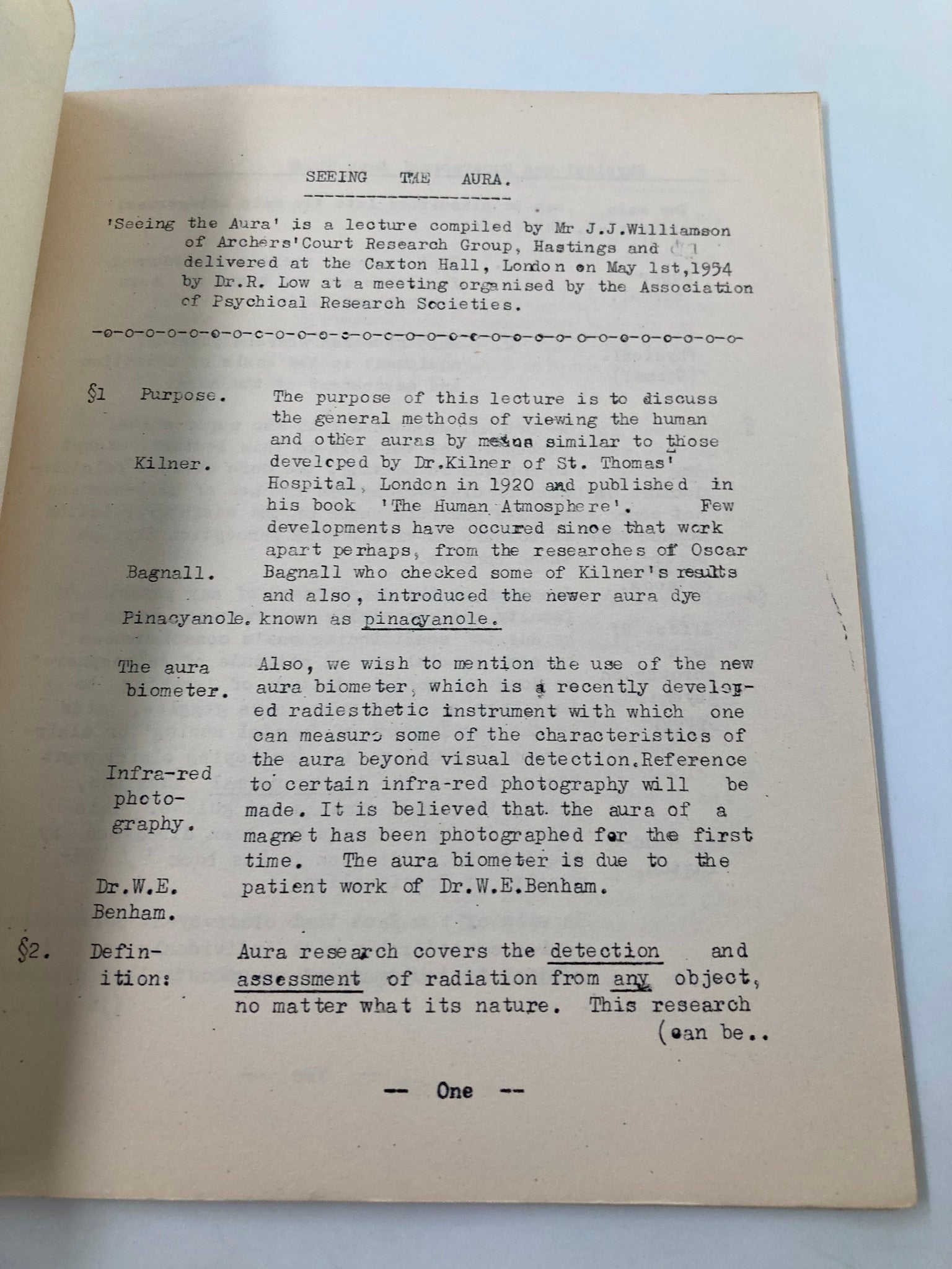 Page from 'Seeing The Aura: The First Post-War Aura Lecture' 1957, detailing the purpose and content of the aura lecture.
