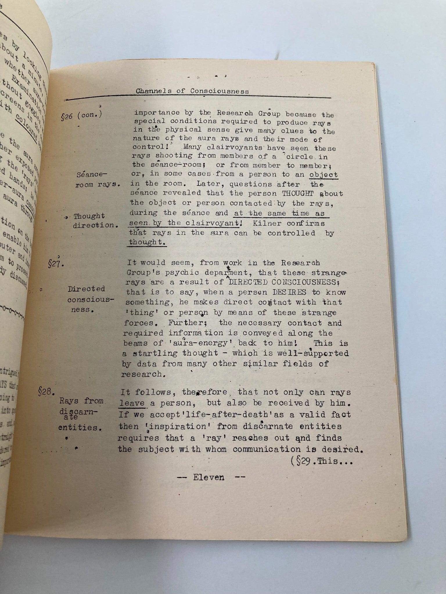 Continuing page from 'Seeing The Aura: The First Post-War Aura Lecture' 1957, covering channels of consciousness and aura-related phenomena.