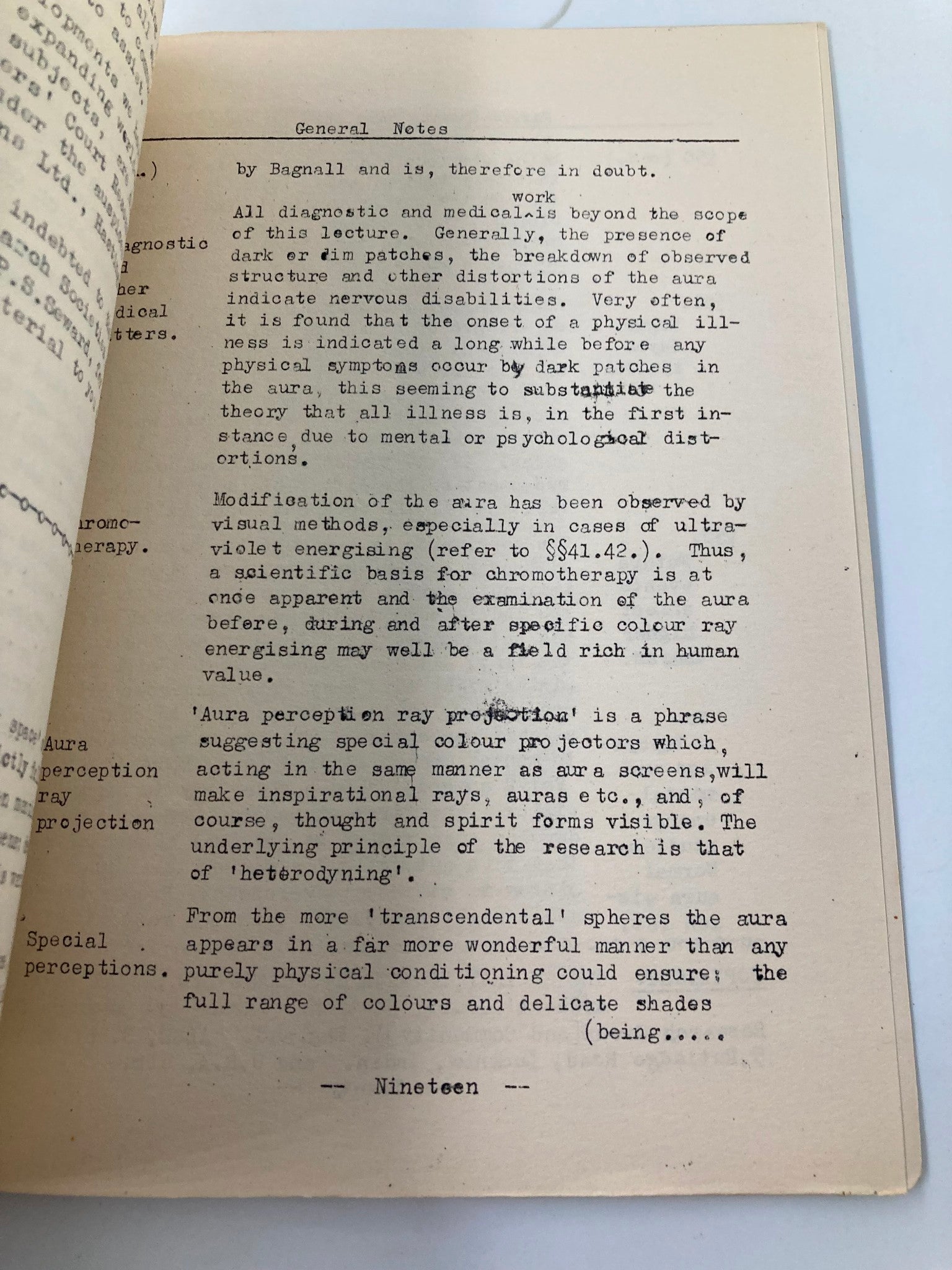 Another page from 'Seeing The Aura: The First Post-War Aura Lecture' 1957, discussing general notes on aura perception and research.