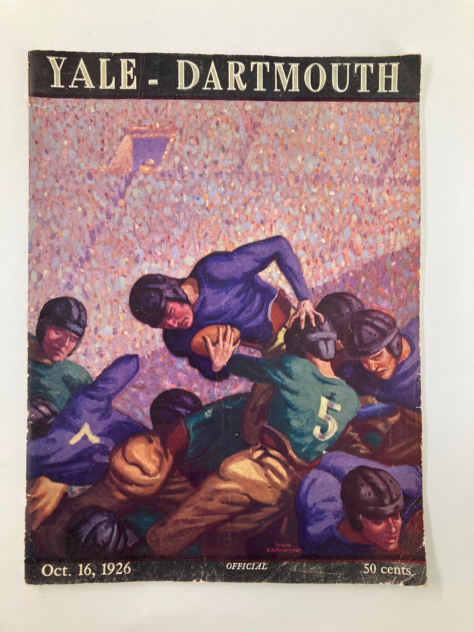 October 16 1926 College Football Yale vs Dartmouth Official Program cover featuring colorful artwork of a football play, showcasing the historical significance of the rivalry.