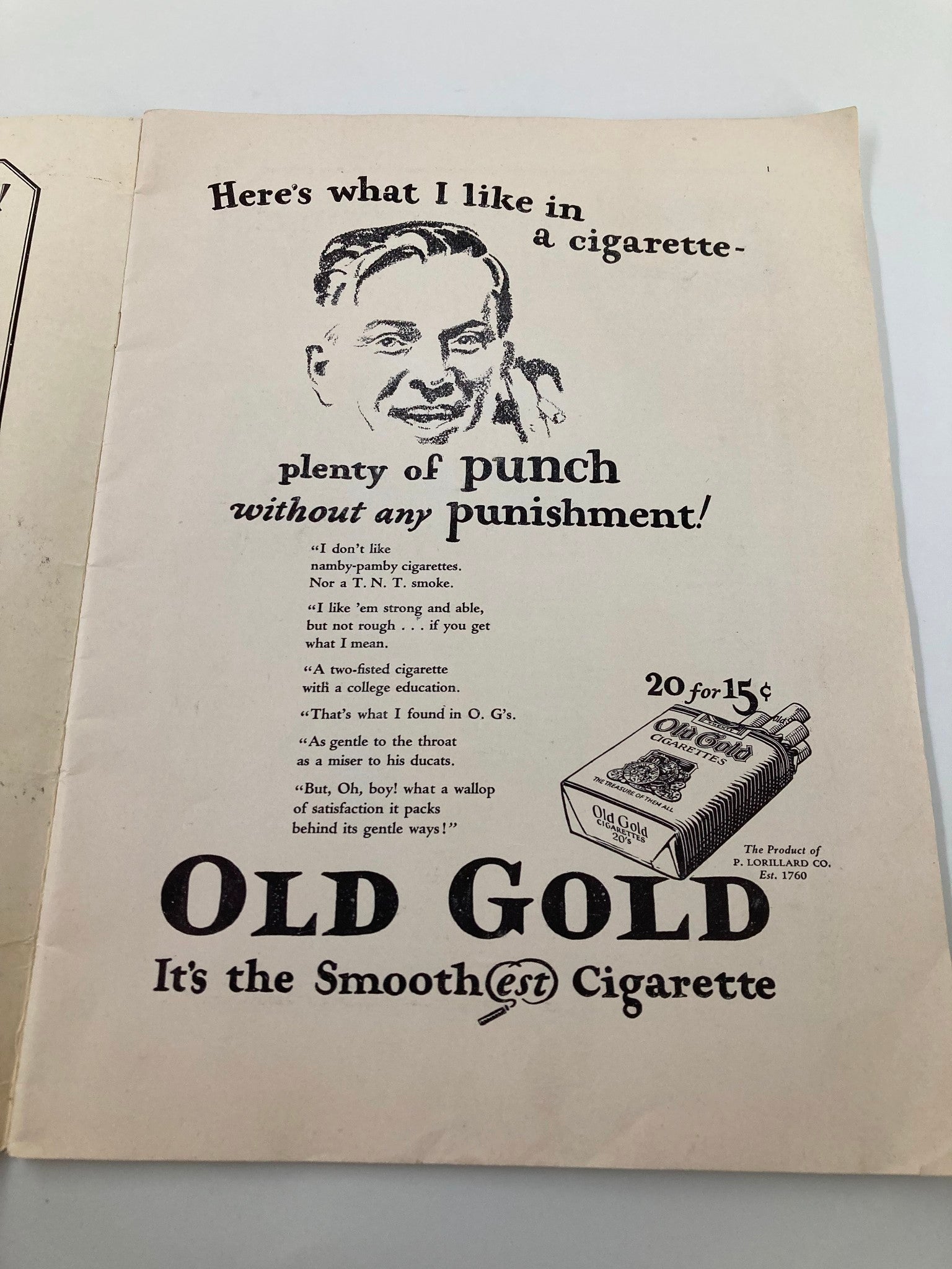 Inside page of the October 16 1926 College Football Yale vs Dartmouth Official Program advertising Old Gold cigarettes with a retro illustration of a man highlighting the brand.