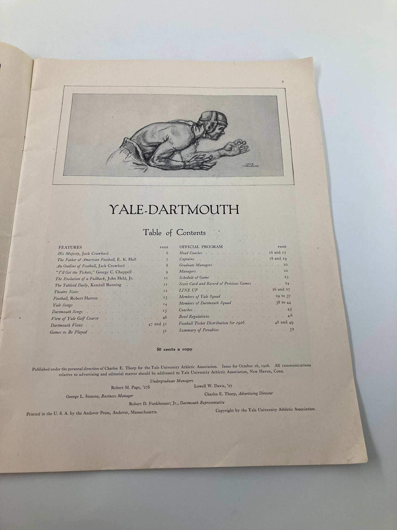 Inside page of the October 16 1926 College Football Yale vs Dartmouth Official Program showing the table of contents, featuring an illustration of a football player.