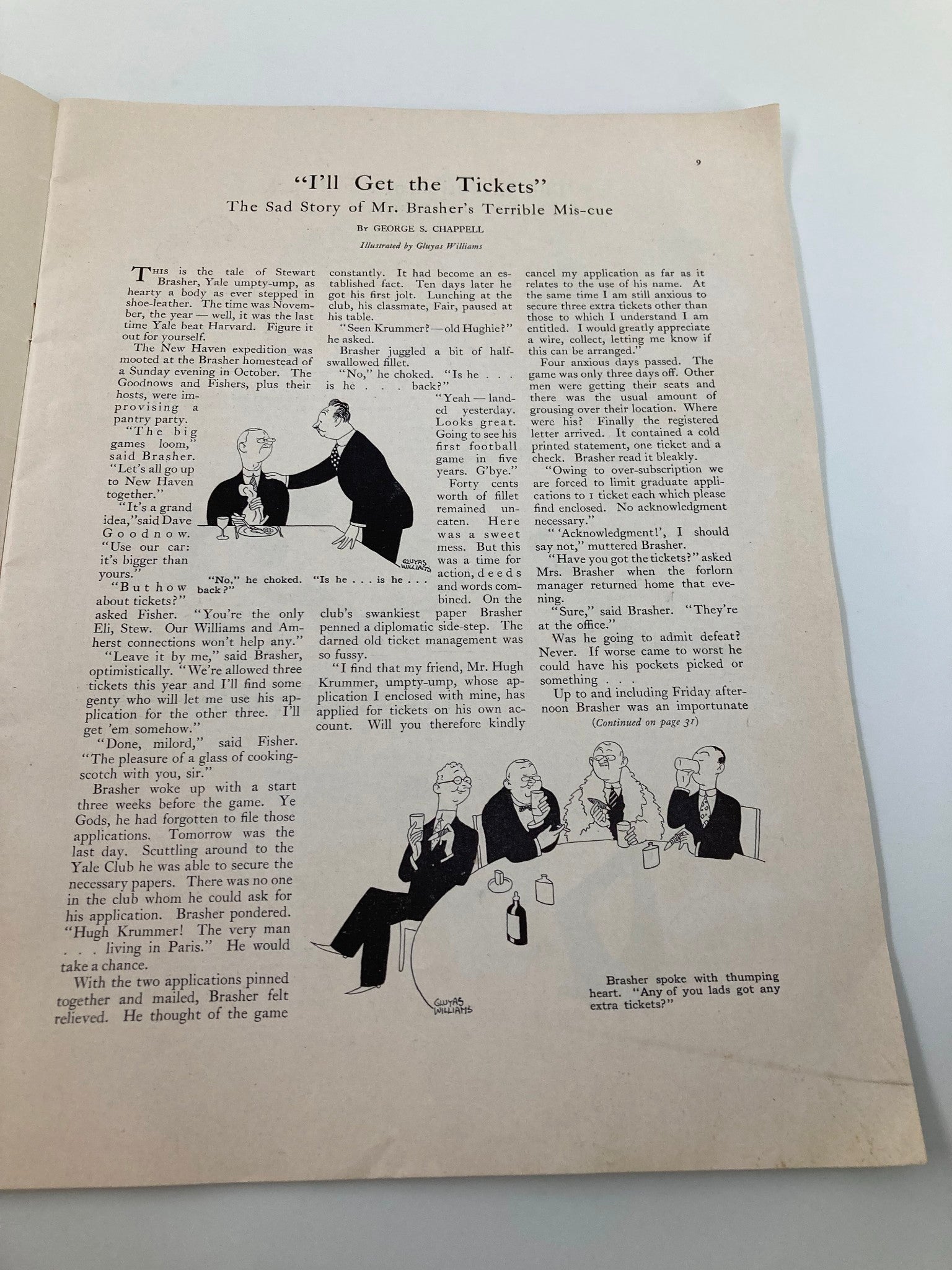 Inside page of the October 16 1926 College Football Yale vs Dartmouth Official Program with humorous article titled 'I’ll Get the Tickets' featuring an illustration of men at a table.