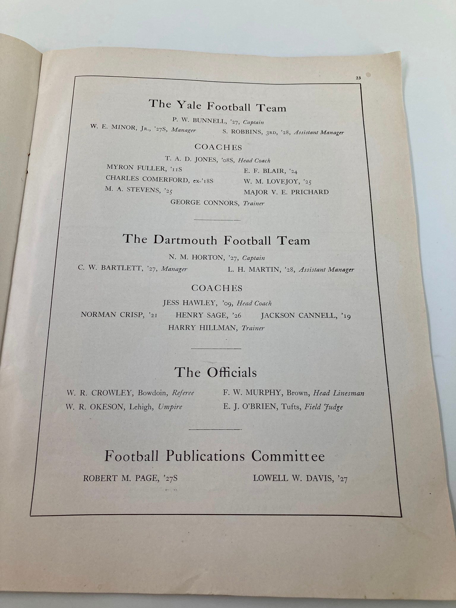 Page from the October 16 1926 College Football Yale vs Dartmouth Official Program listing the Yale and Dartmouth football teams along with their respective coaches.