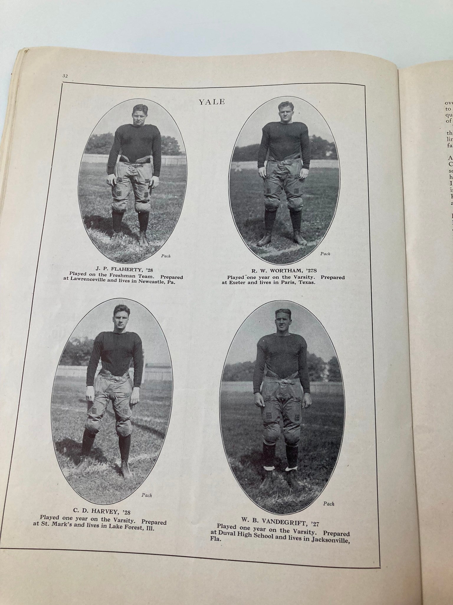Inside page of the October 16 1926 College Football Yale vs Dartmouth Official Program featuring portraits of Yale football players from 1926.