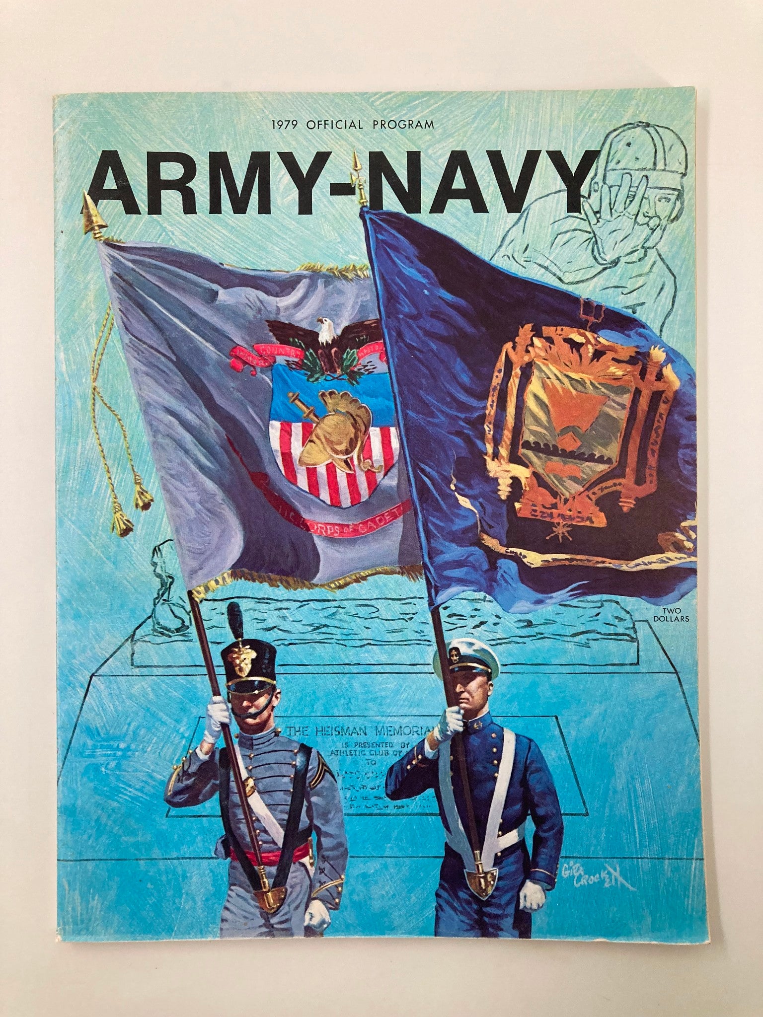 Cover of the 1979 Football Army-Navy Annual Official Program featuring military cadets holding flags and an illustration of the Heisman Trophy.