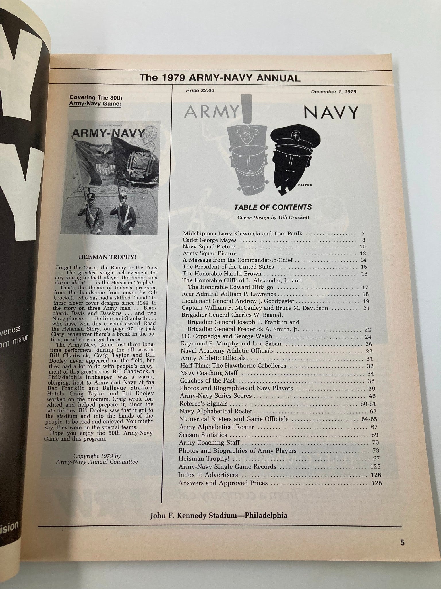 Inside page of the 1979 Football Army-Navy Annual Official Program showing the table of contents and details about the 80th Army-Navy game.