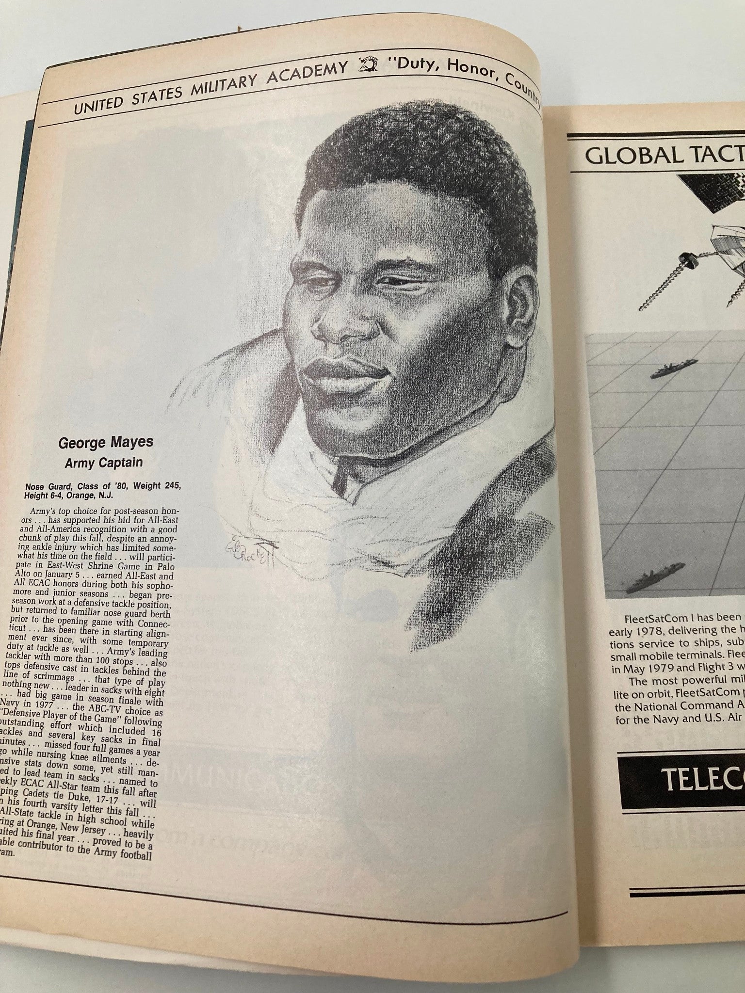 Illustration of George Mayes, Army Captain, featured in the 1979 Football Army-Navy Annual Official Program.