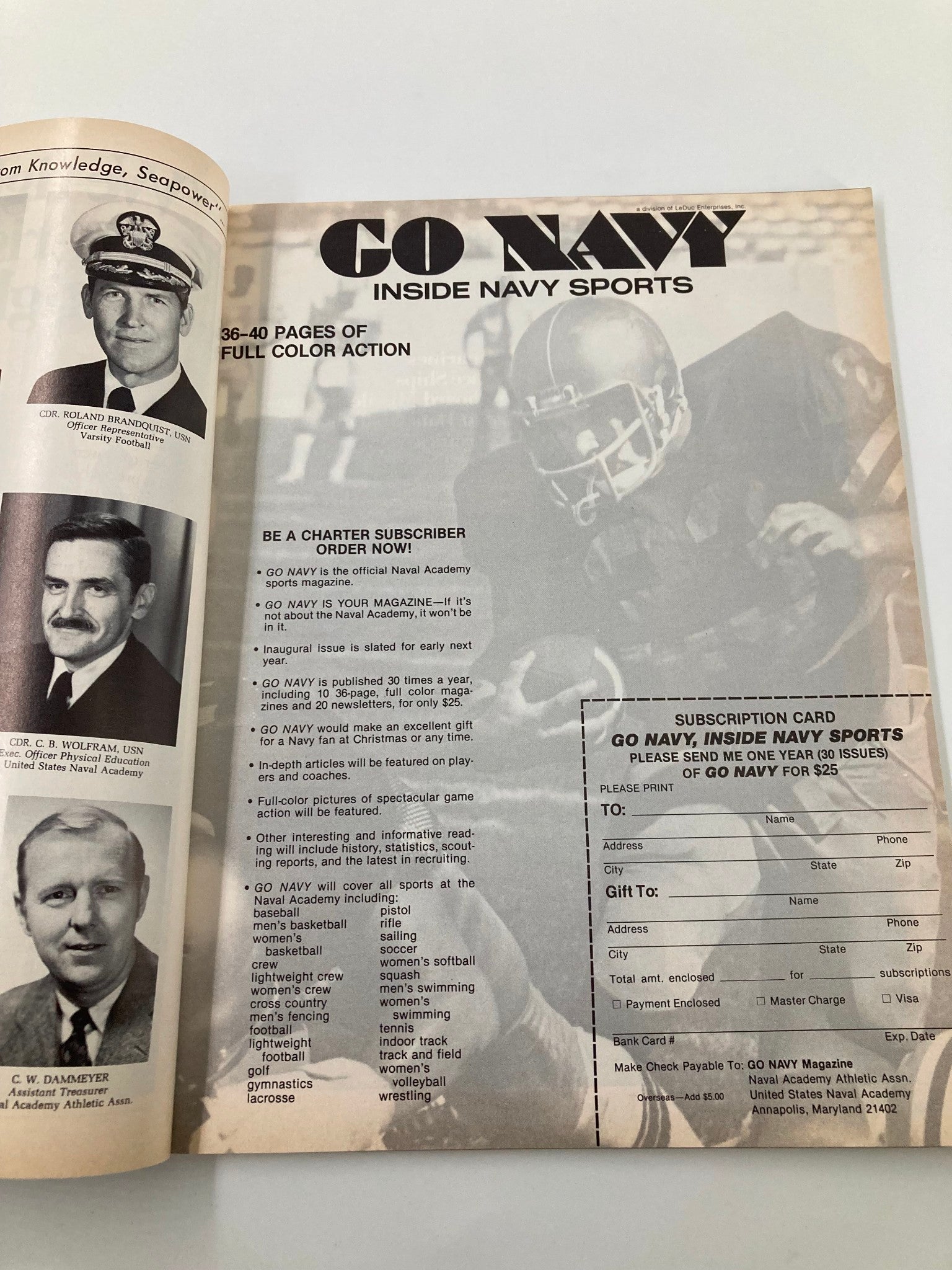 Inside Navy Sports publication featuring promotional materials for Navy athletics, from the 1979 Football Army-Navy Annual: United States Military Academy Official Program.