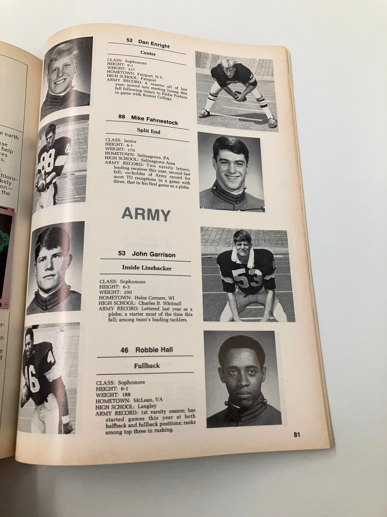 Team roster page of Army football players with player statistics and images, featured in the 1979 Football Army-Navy Annual: United States Military Academy Official Program.
