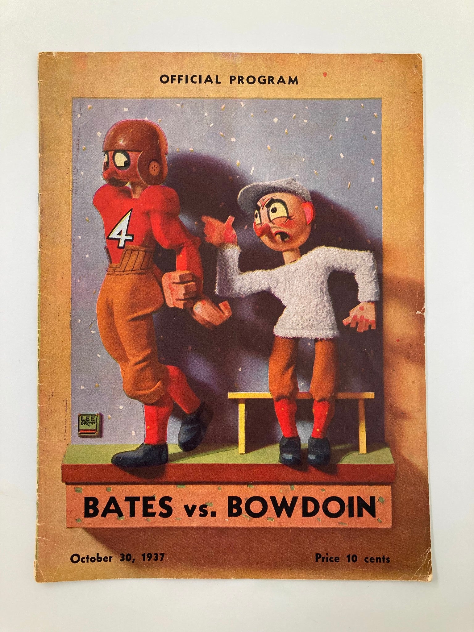 October 30, 1937 High School Football Bates vs Bowdoin Official Program cover featuring an illustrated football player and a whimsical character, showcasing vintage design elements from the era.