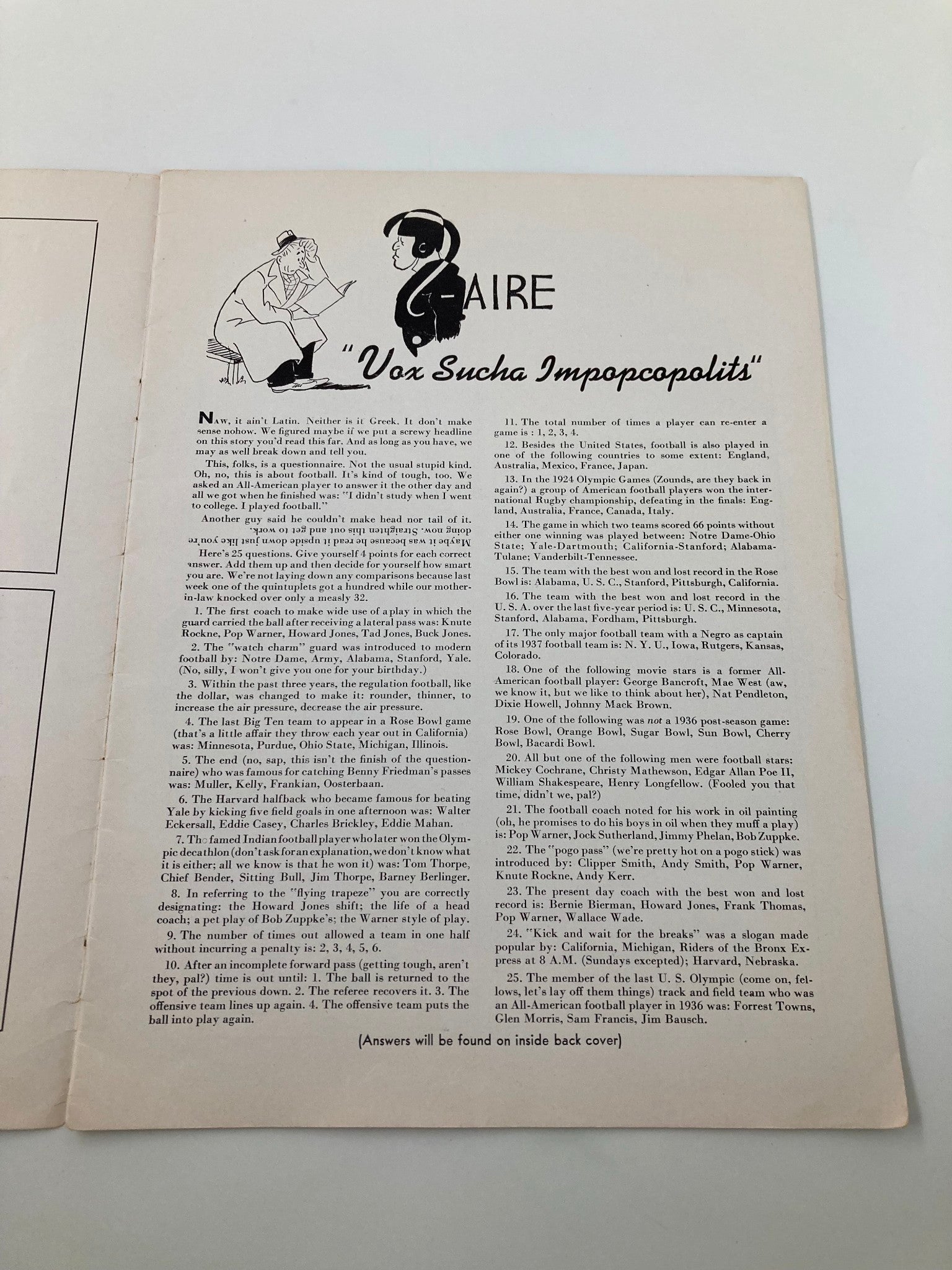 Inside cover of the October 30, 1937 High School Football Bates vs Bowdoin Official Program showing a humorous illustration with a quiz theme related to football rules.