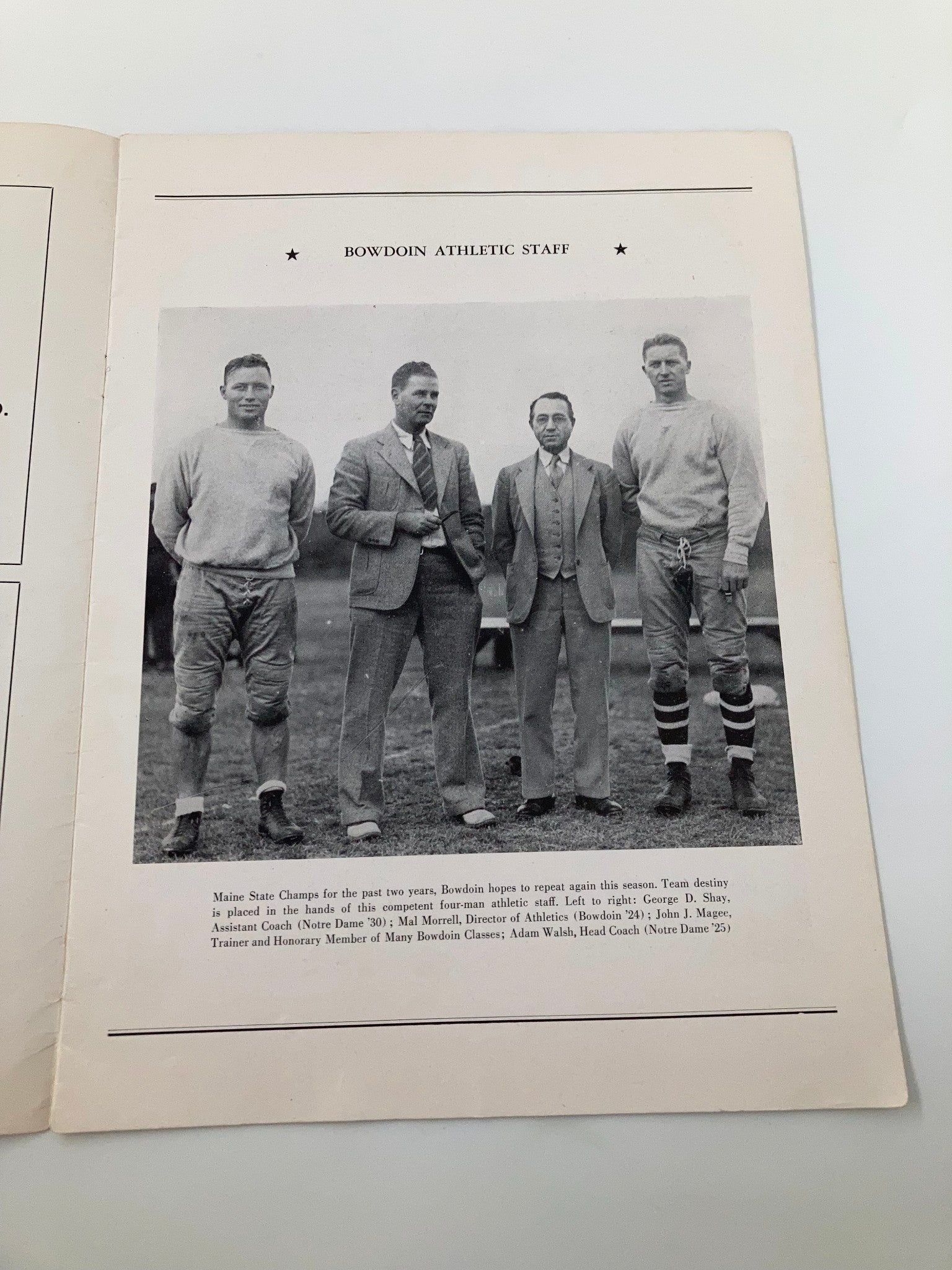 Page from the October 30, 1937 High School Football Bates vs Bowdoin Official Program featuring the Bowdoin Athletic Staff, highlighting key individuals associated with the team.