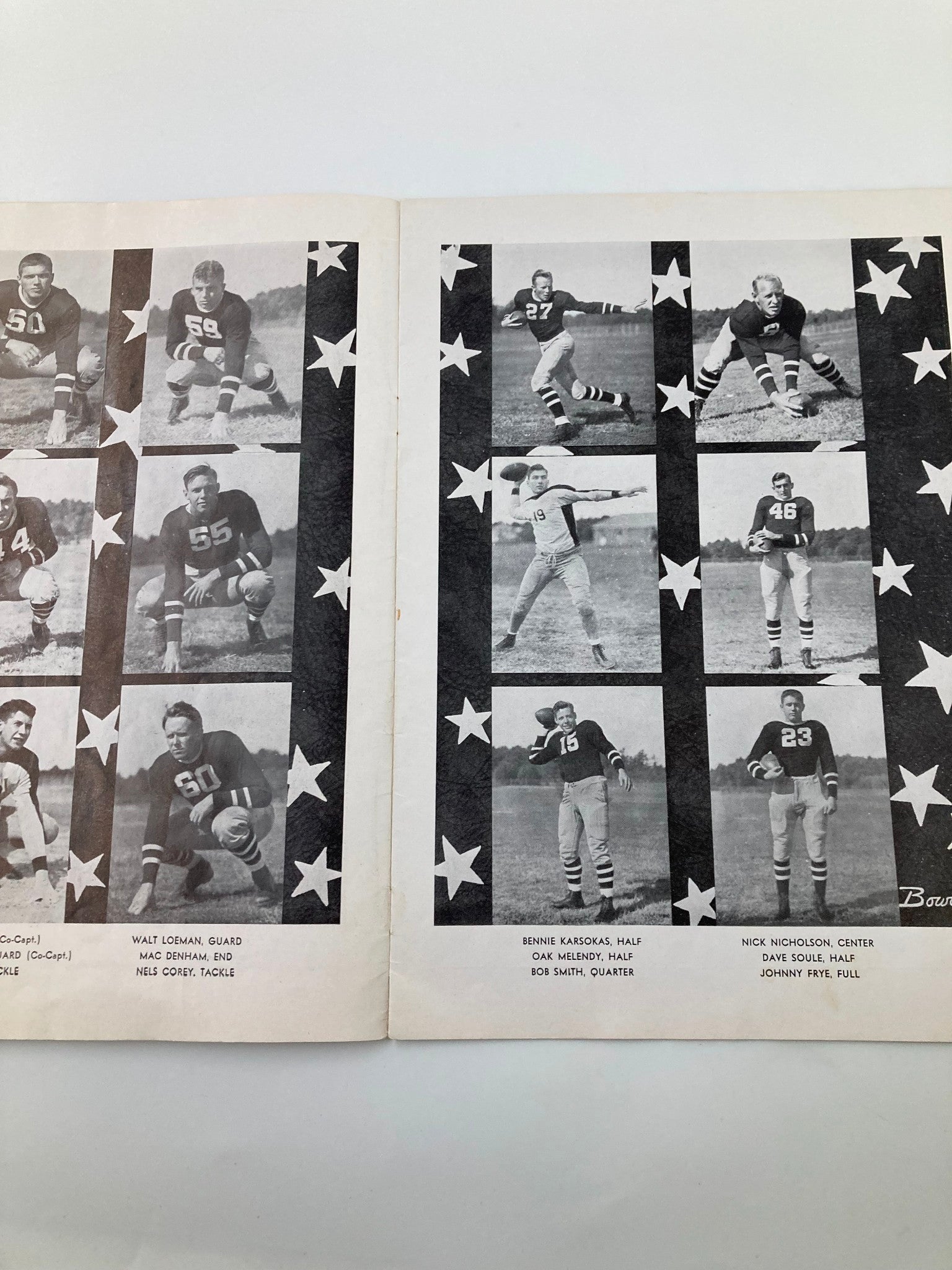 Player roster page from the October 30, 1937 High School Football Bates vs Bowdoin Official Program featuring black and white photographs of Bowdoin football players in action.