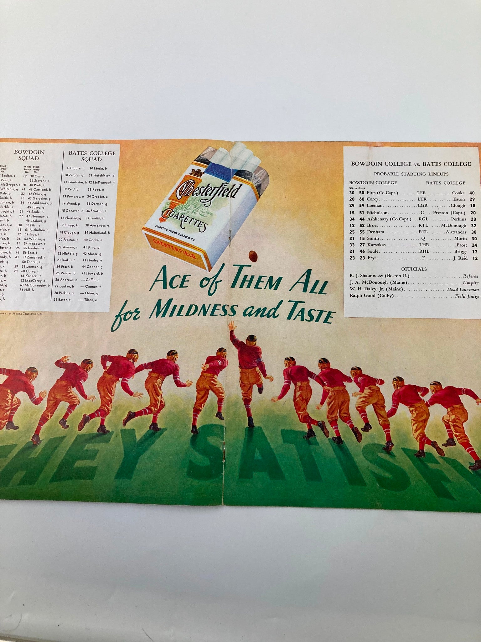 Advertisement page from the October 30, 1937 High School Football Bates vs Bowdoin Official Program displaying Chesterfield cigarettes alongside starting lineups for both teams.