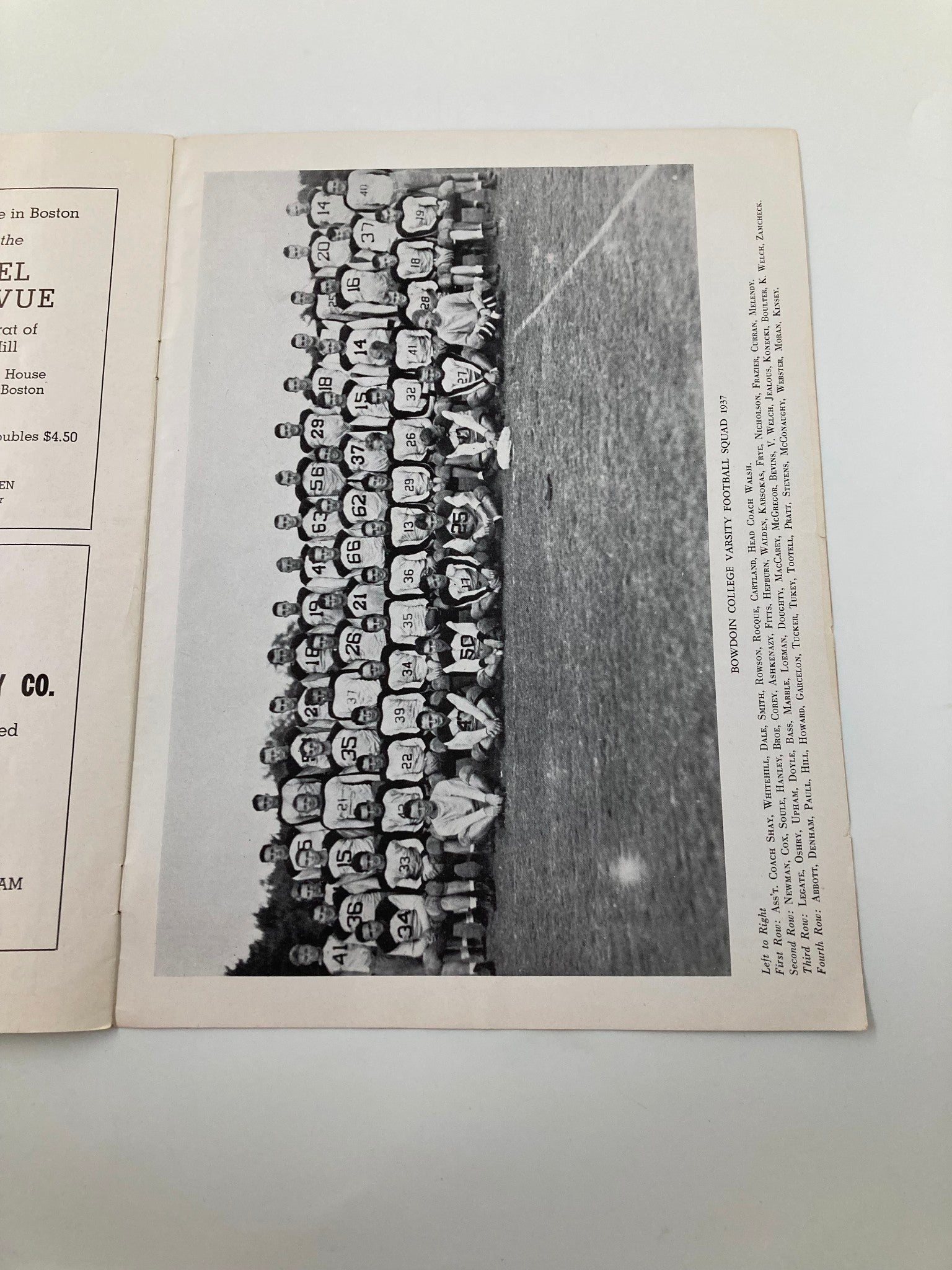 Group photograph from the October 30, 1937 High School Football Bates vs Bowdoin Official Program featuring the Bowdoin College football team lined up on the field.