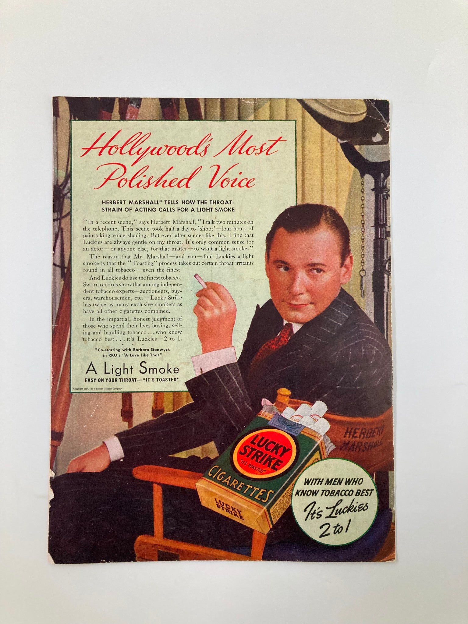 October 30 1937 High School Football Bates vs Bowdoin Official Program cover featuring Herbert Marshall promoting Lucky Strike cigarettes, styled in period art with a classic Hollywood theme.