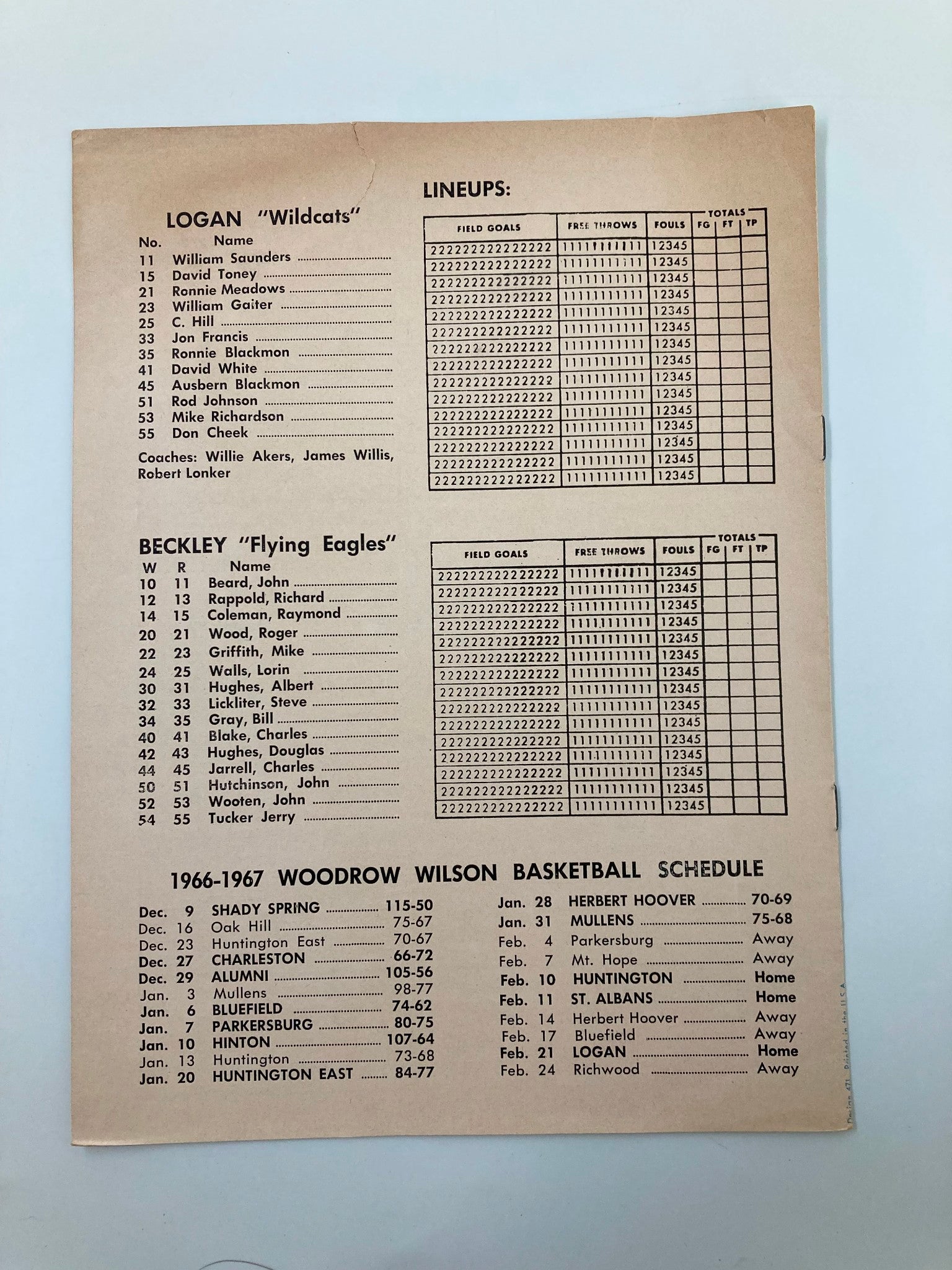 February 21 1967 Beckley Flying Eagles vs Logan Wildcats Basketball Program