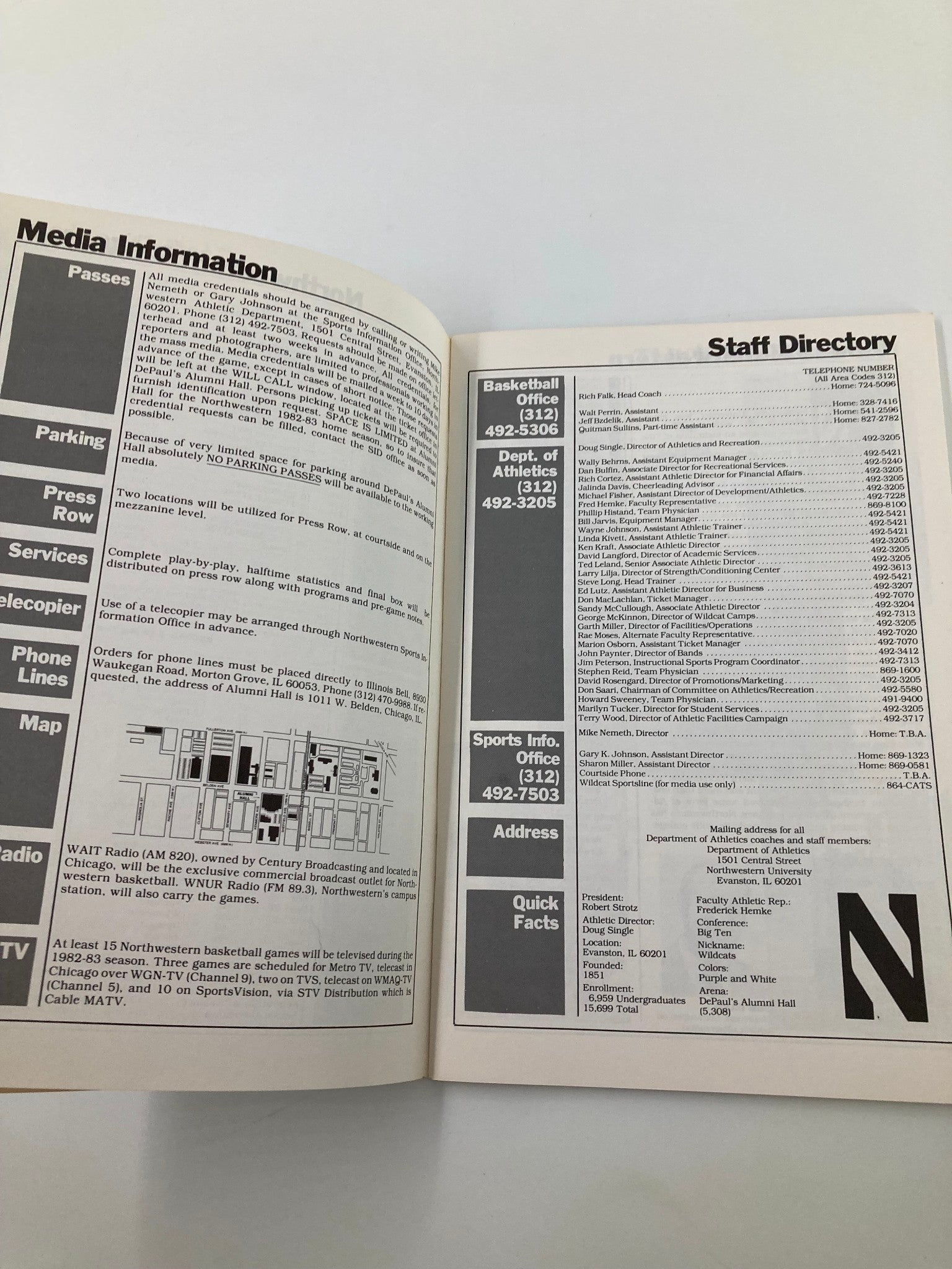 1982-1983 Northwestern Wildcat Basketball Media Guide