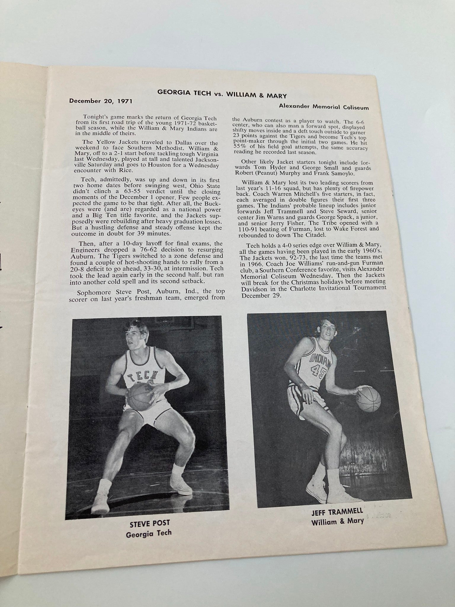 December 20 1971 Georgia Tech vs William and Mary Basketball Official Program