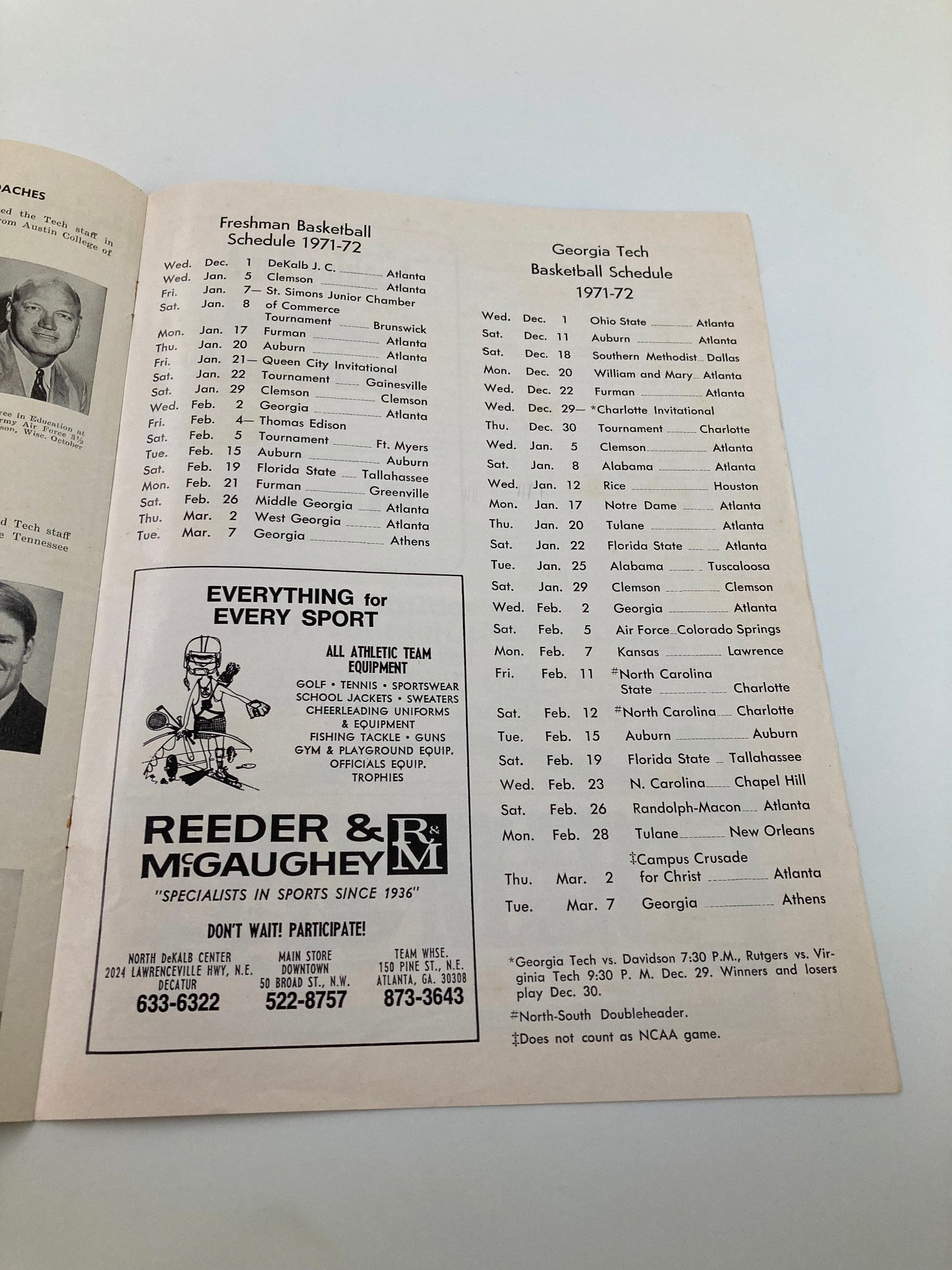 December 20 1971 Georgia Tech vs William and Mary Basketball Official Program