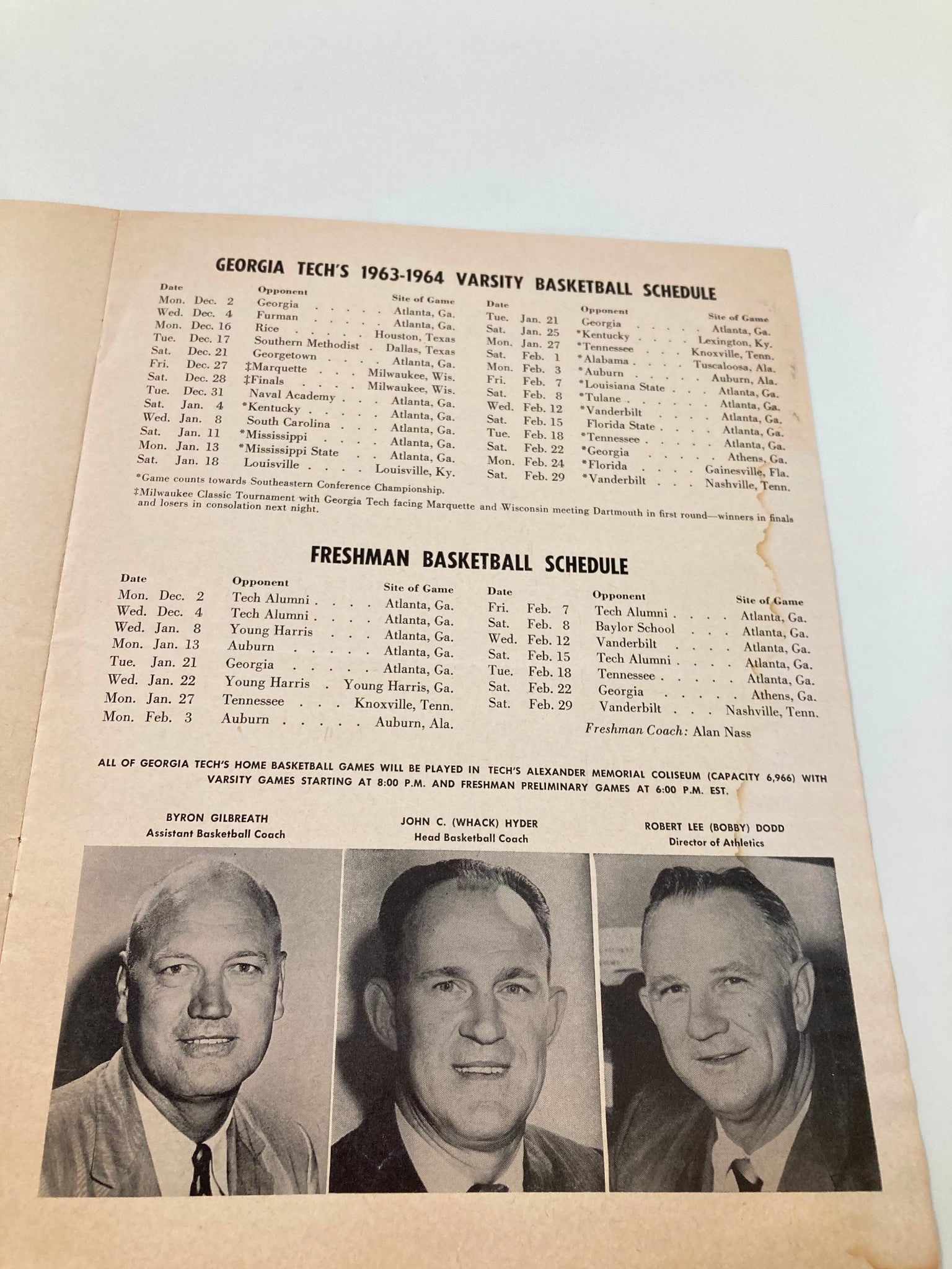 January 11 1964 Georgia Tech vs Mississippi Basketball Official Program