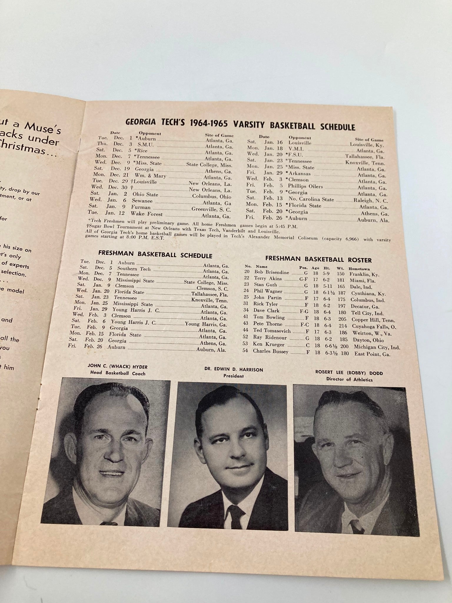 December 3 1964 Georgia Tech vs Southern Methodist Basketball Official Program